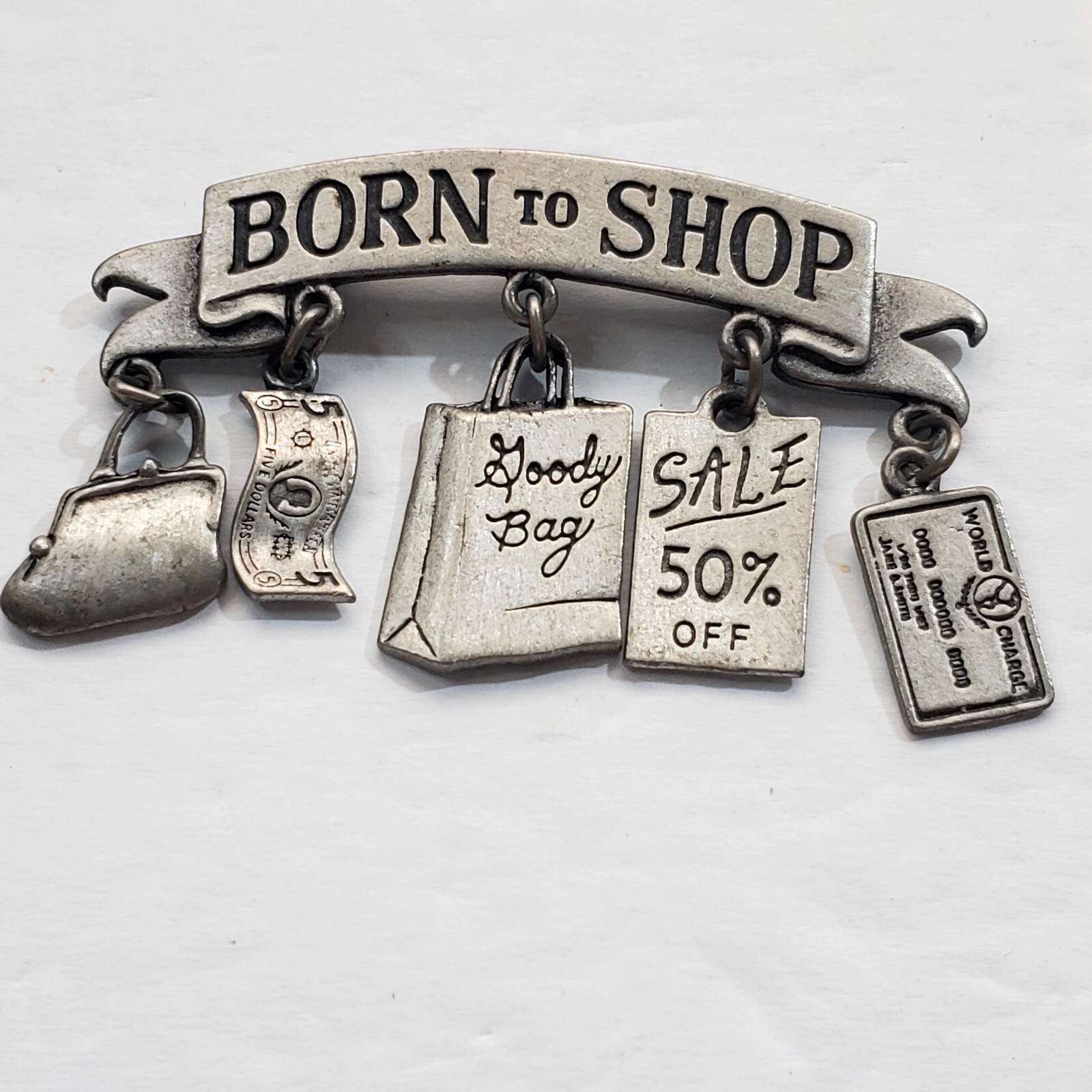 Vintage Signed JJ Jonette Pewter Metal Born To Shop 5 Dangle Charm Brooch Pin