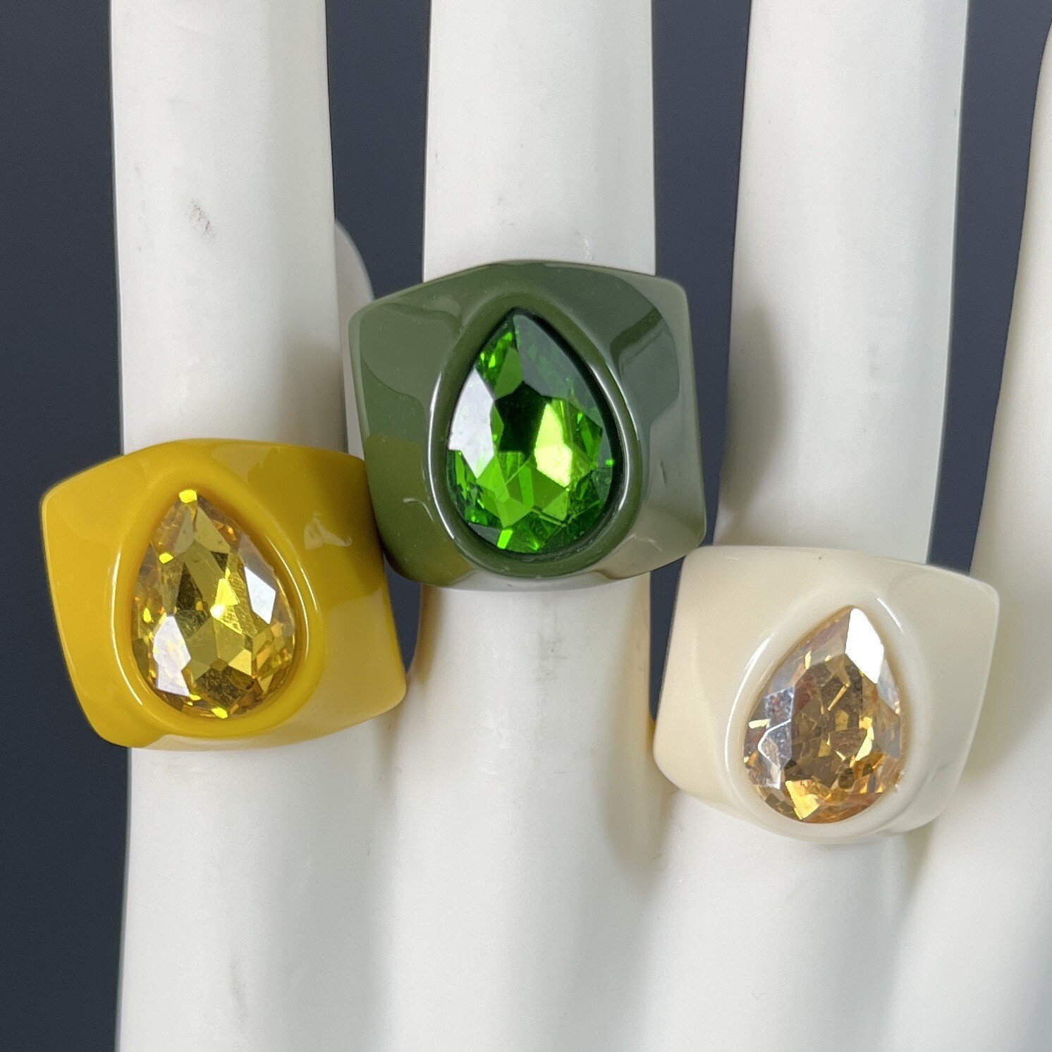 Retro Lucite Rhinestone Rings Set Green Yellow Cream Size 7 – 7.5 Chunky Boho