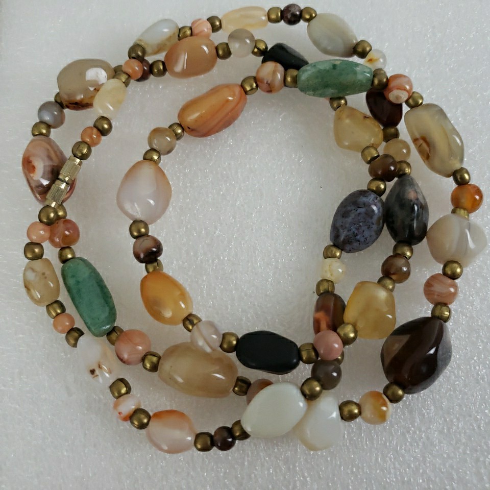 VTG Multi Polished Gemstone Agate Necklace 35″ Brass Barrel Closure Chunky