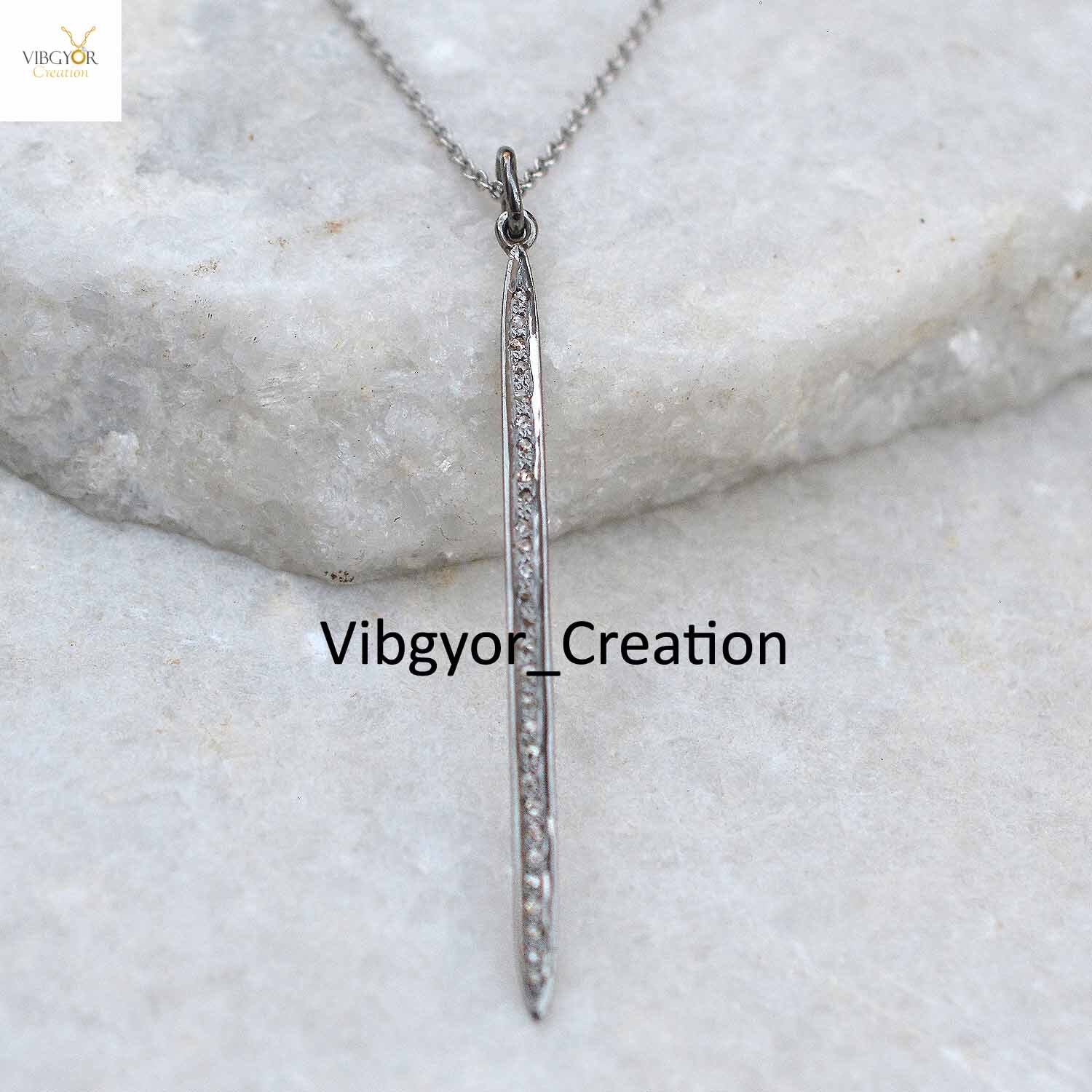 Pave Diamond Pendant 925 Sterling Silver 16″ Link Chain Handmade Unisex Jewelry
