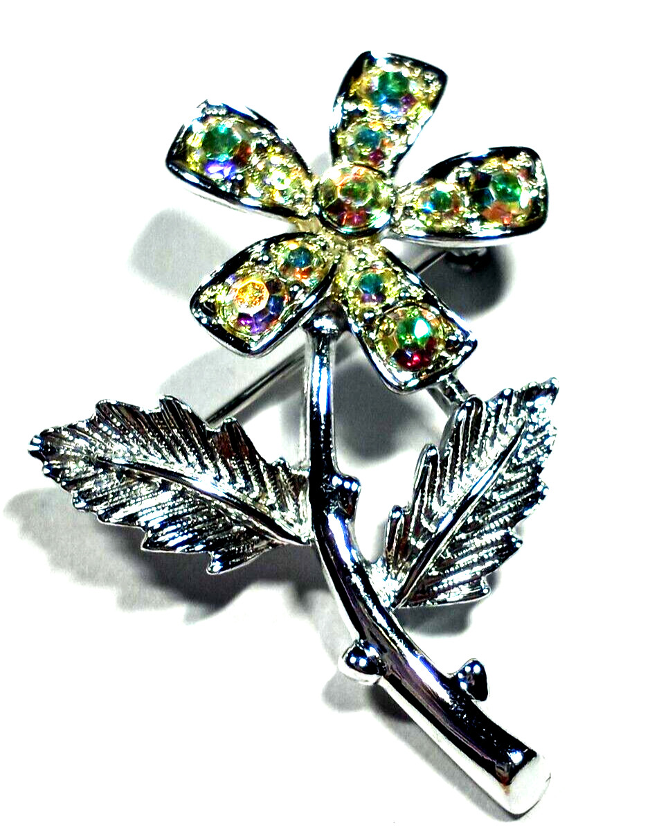 Vintage Exquisite Silver Color and AB Rhinestones 1 & 1/2″ PETUNIA Brooch