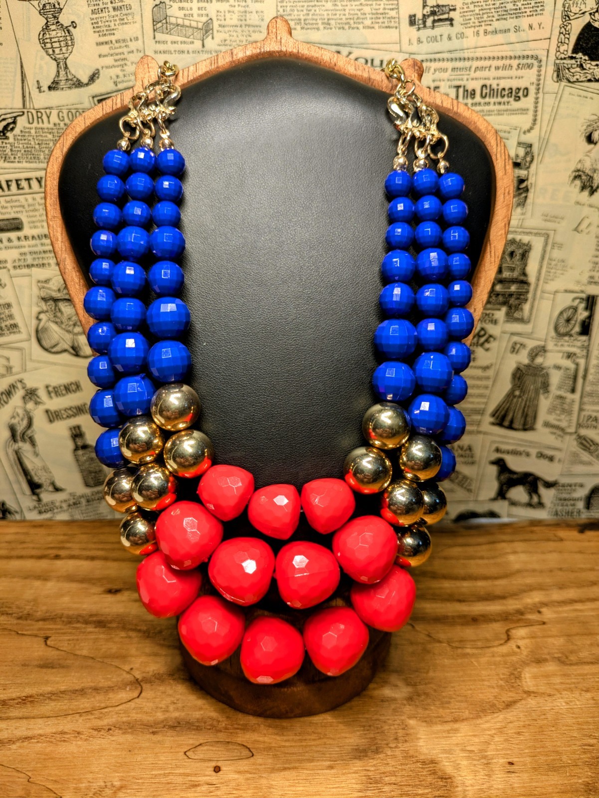 Leetal Kalmanson Signed Multi Strand Beaded Necklace Cobalt Blue, Red And gold