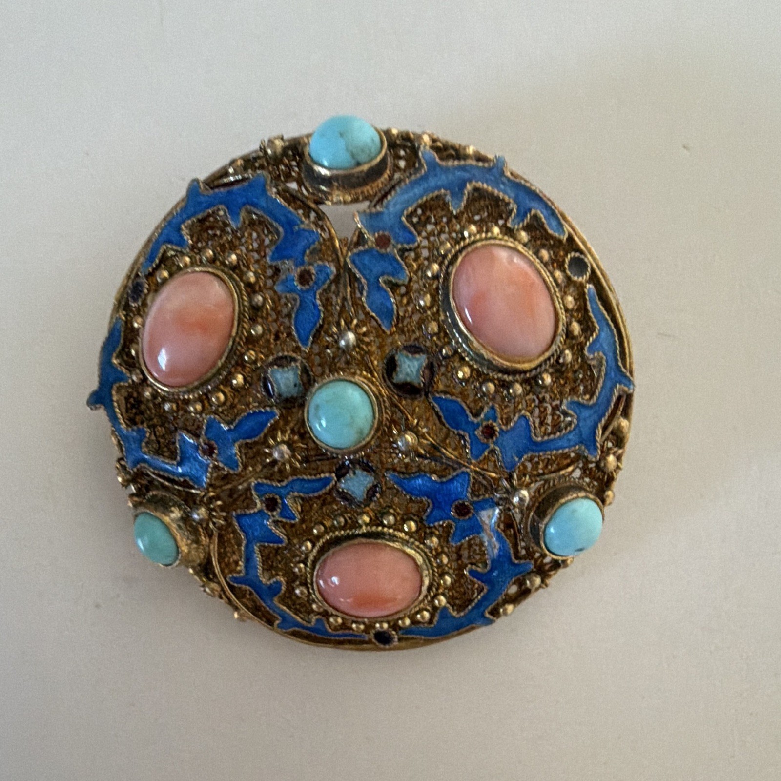 Antique Chinese Coral Turquoise Enamel Gilt Sterling Filigree Brooch Pin