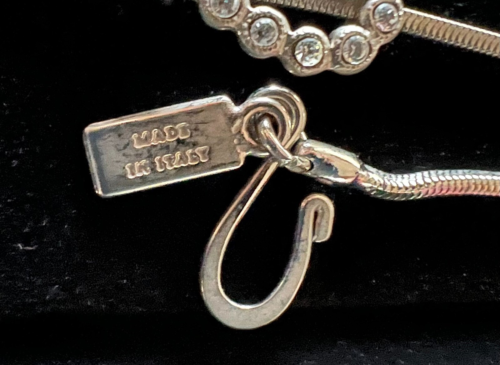Long Signed MOSCHINO Silver Tone Necklace w/ Sliding Crystal Rhinestones Hearts