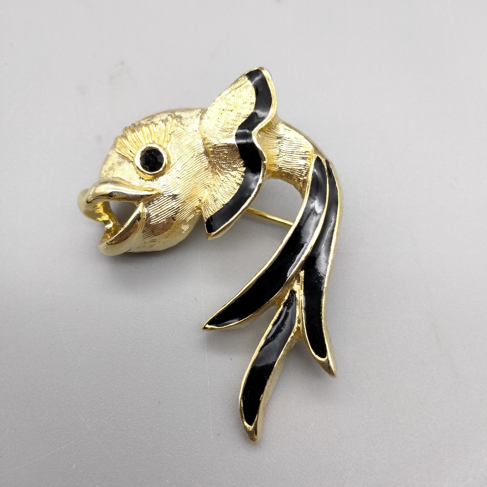 MermaidCore Fish Black Rhinestone Enamel Gold Tone Brushed Signed New View VTG