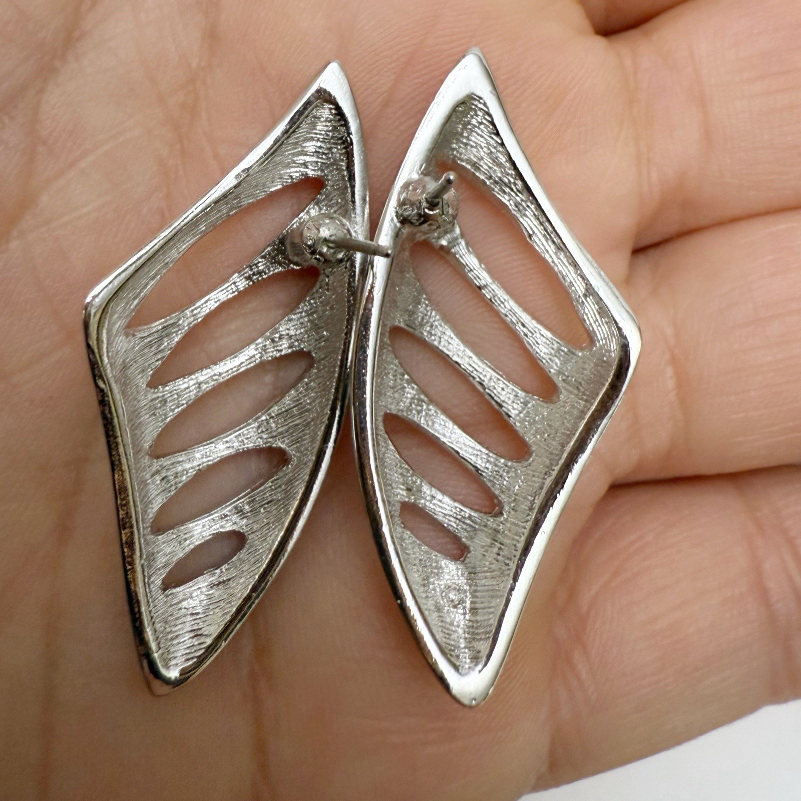 Vintage MONET Modernist Openwork Asymmetrical Post Earrings Silvertone