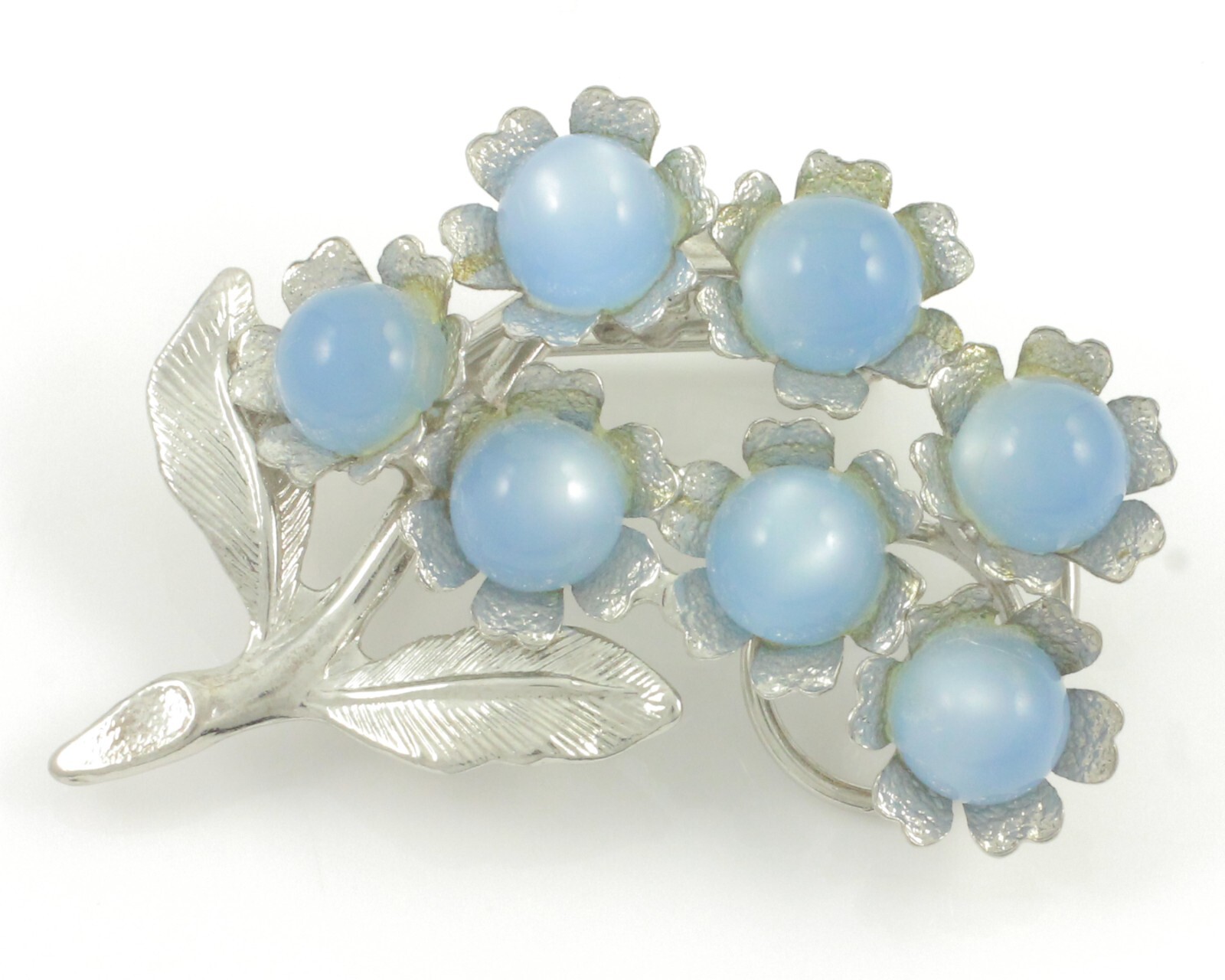Vintage Light Blue Moonglow Plastic Silver Tone Floral Spray Brooch Pin