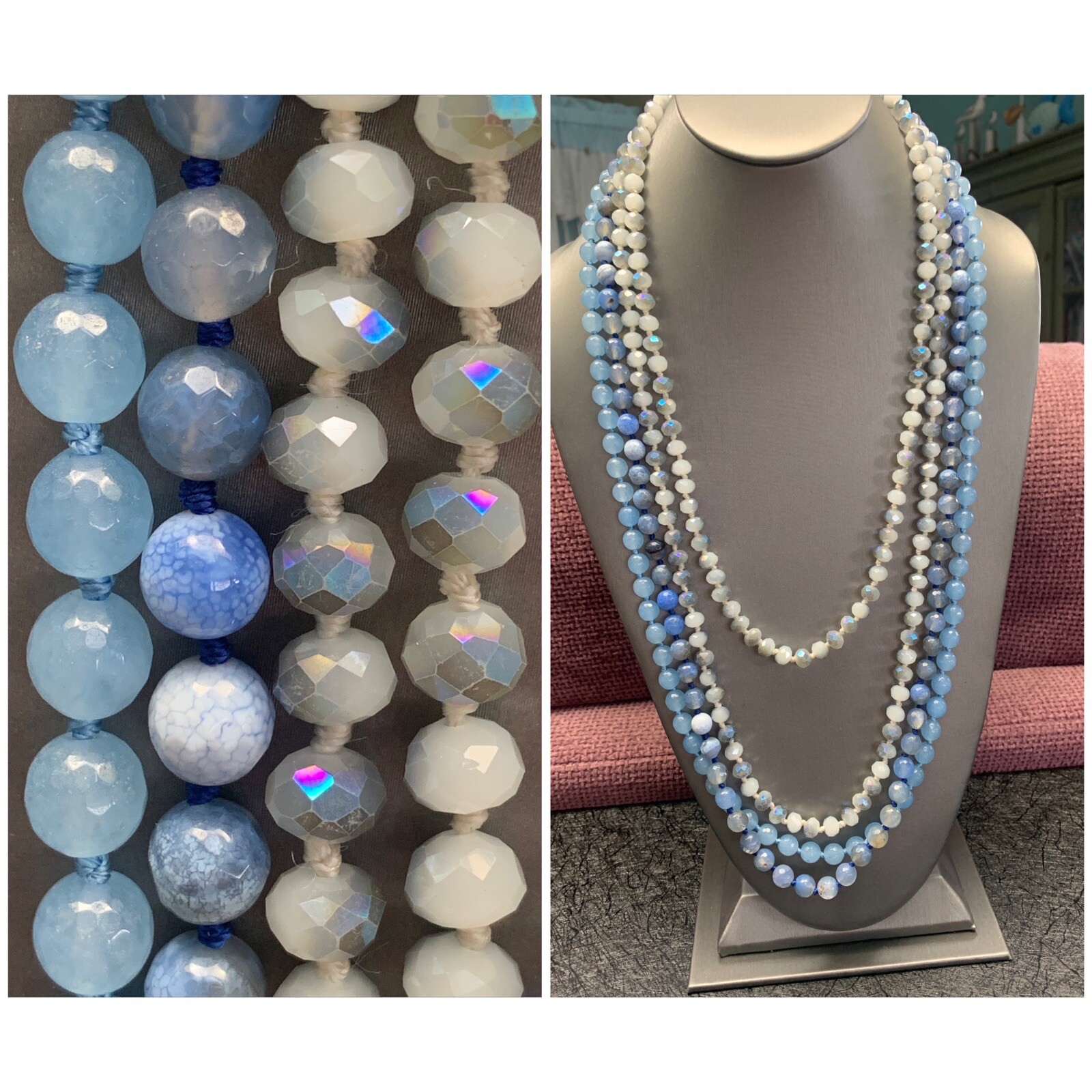 Vintage Crystal And Stone Blue Beaded Necklace Lot Of 3 For Layering 30+”