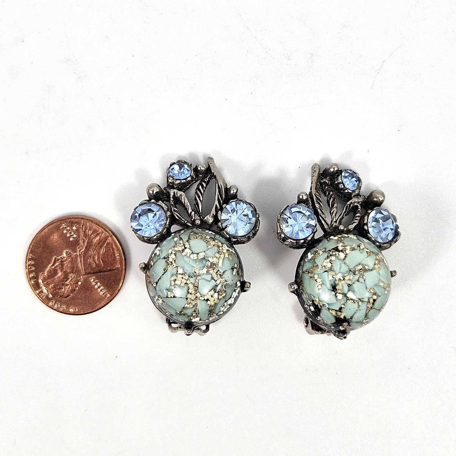 Vintage Blue Rhinestone Confetti Resin Cabochon Bracelet Earrings
