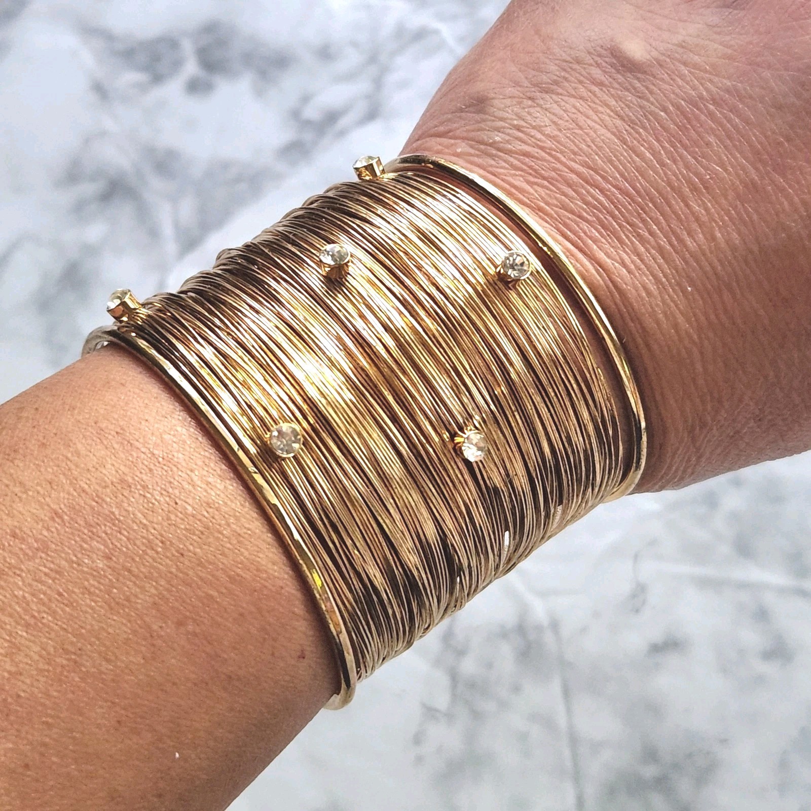 Wide Cuff Multi Strand Wire Bracelet With Rhinestone Gold Tone Embellished