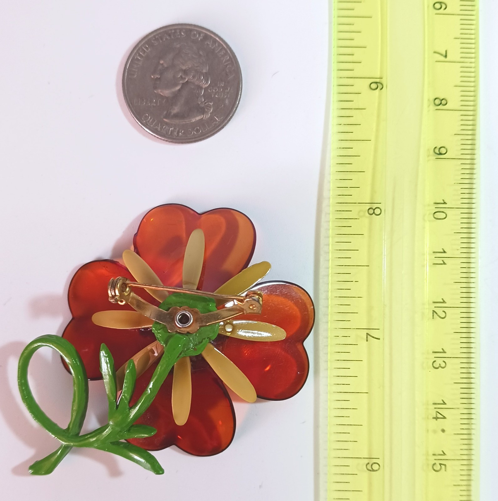 Vintage Orange, Yellow & Green Plastic (Cellulose Acetate?) Flower Brooch