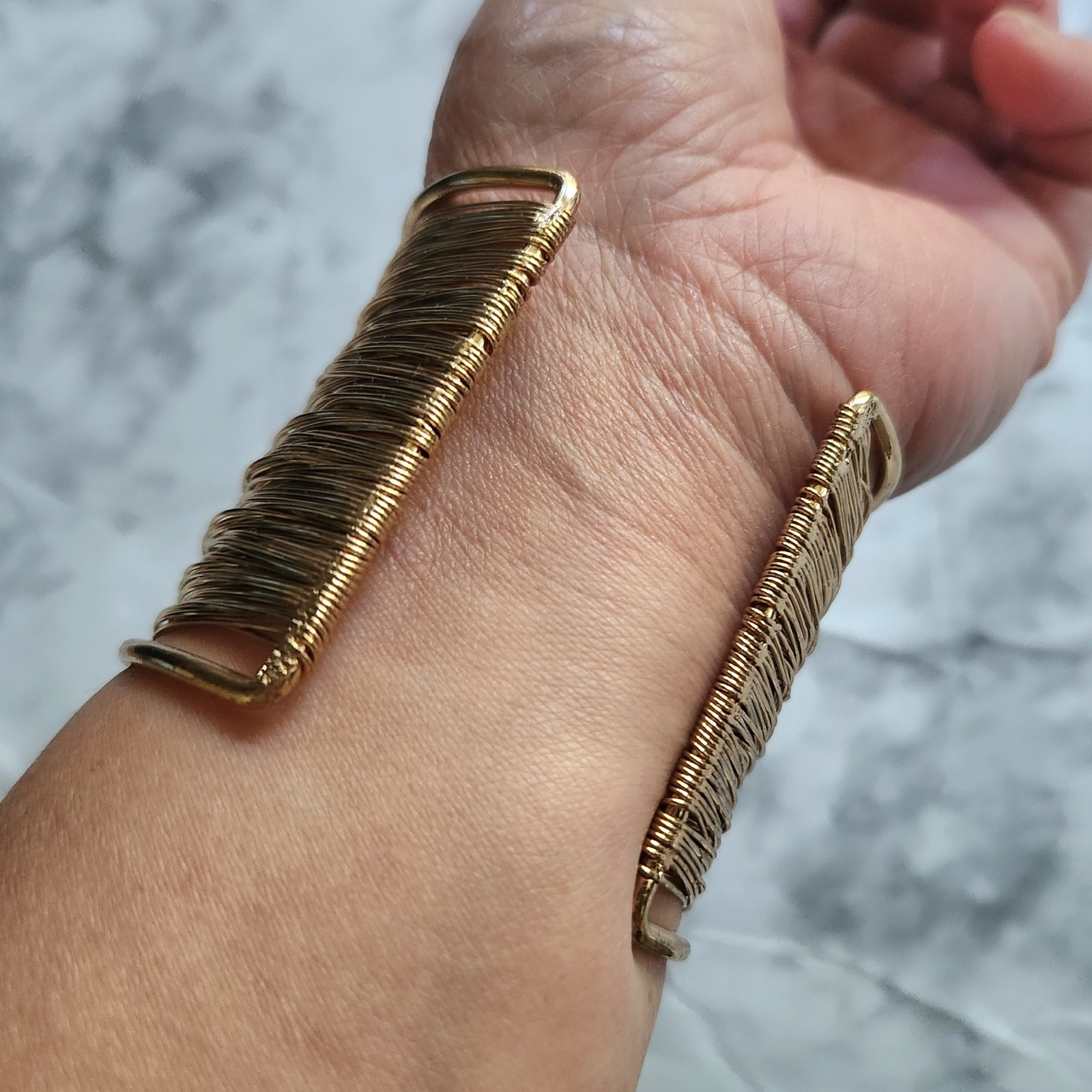 Wide Cuff Multi Strand Wire Bracelet With Rhinestone Gold Tone Embellished