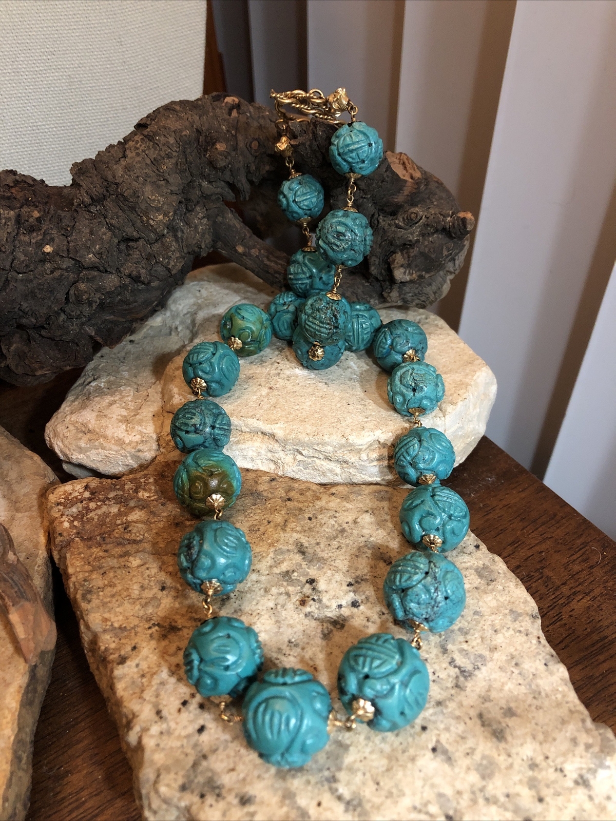 4.Gold tone Handcarved Chinese turquoise color stone Ball Wire Wrap Necklace 20″