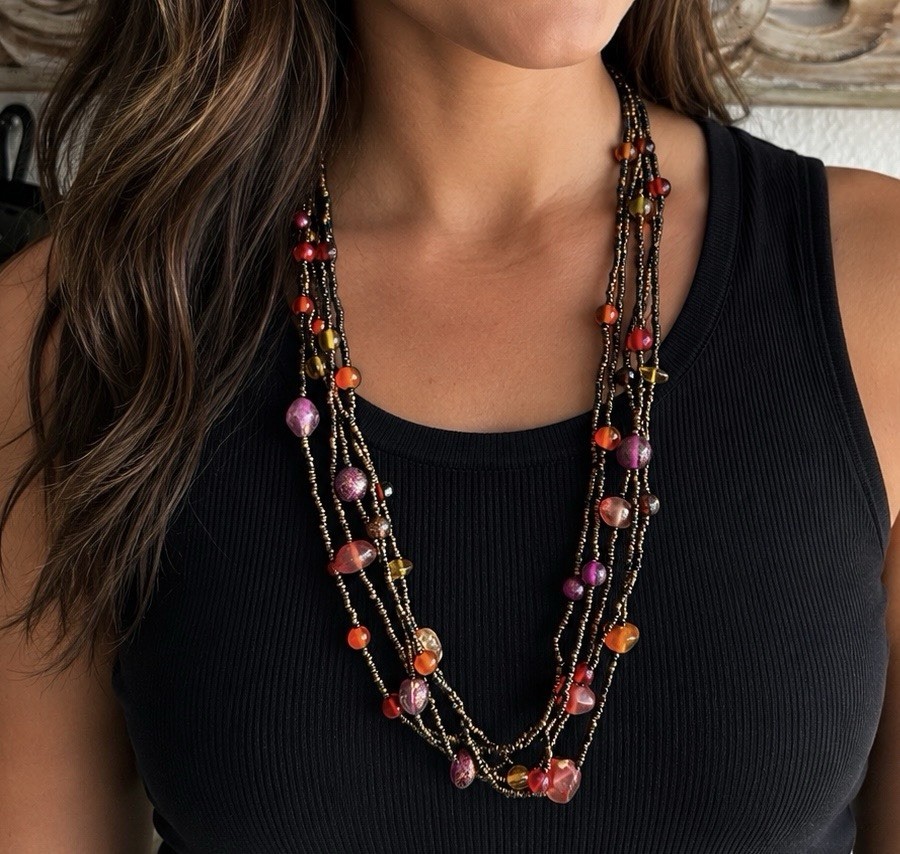 Multi Strand Long Length Necklace Brown Orange Red Glass Bead Fashion Jewelry