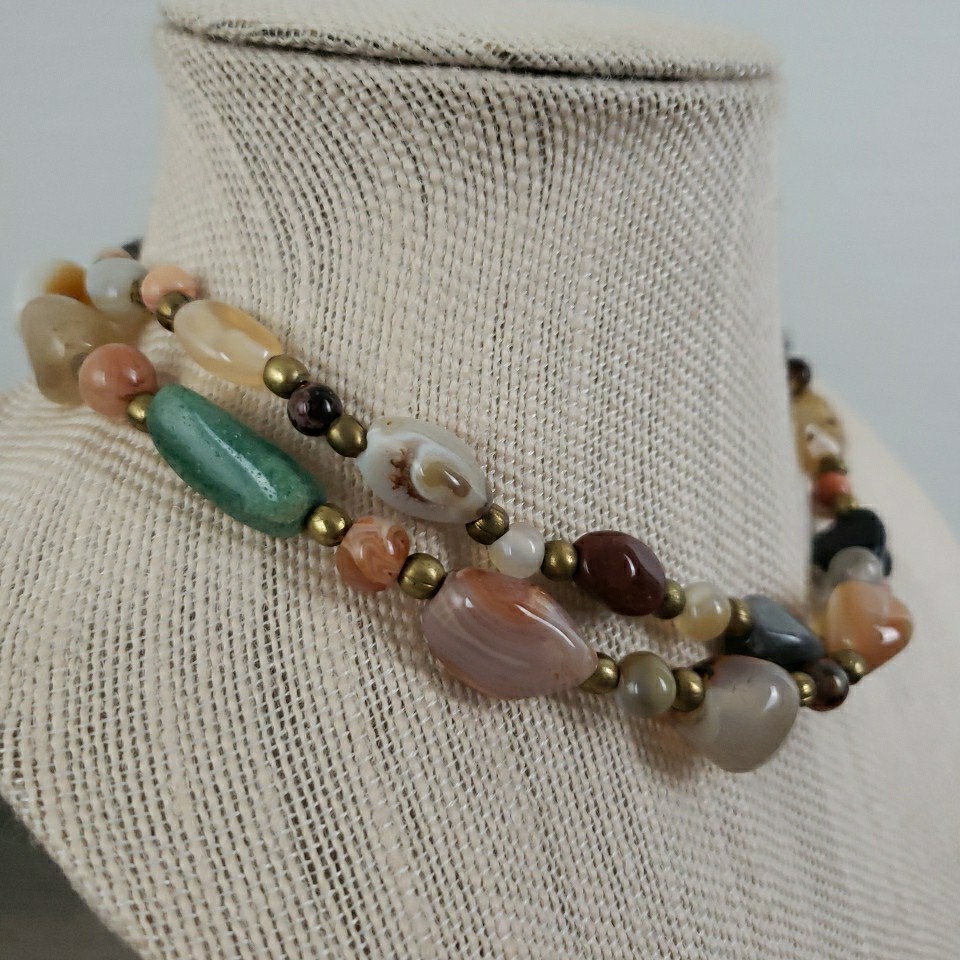 VTG Multi Polished Gemstone Agate Necklace 35″ Brass Barrel Closure Chunky