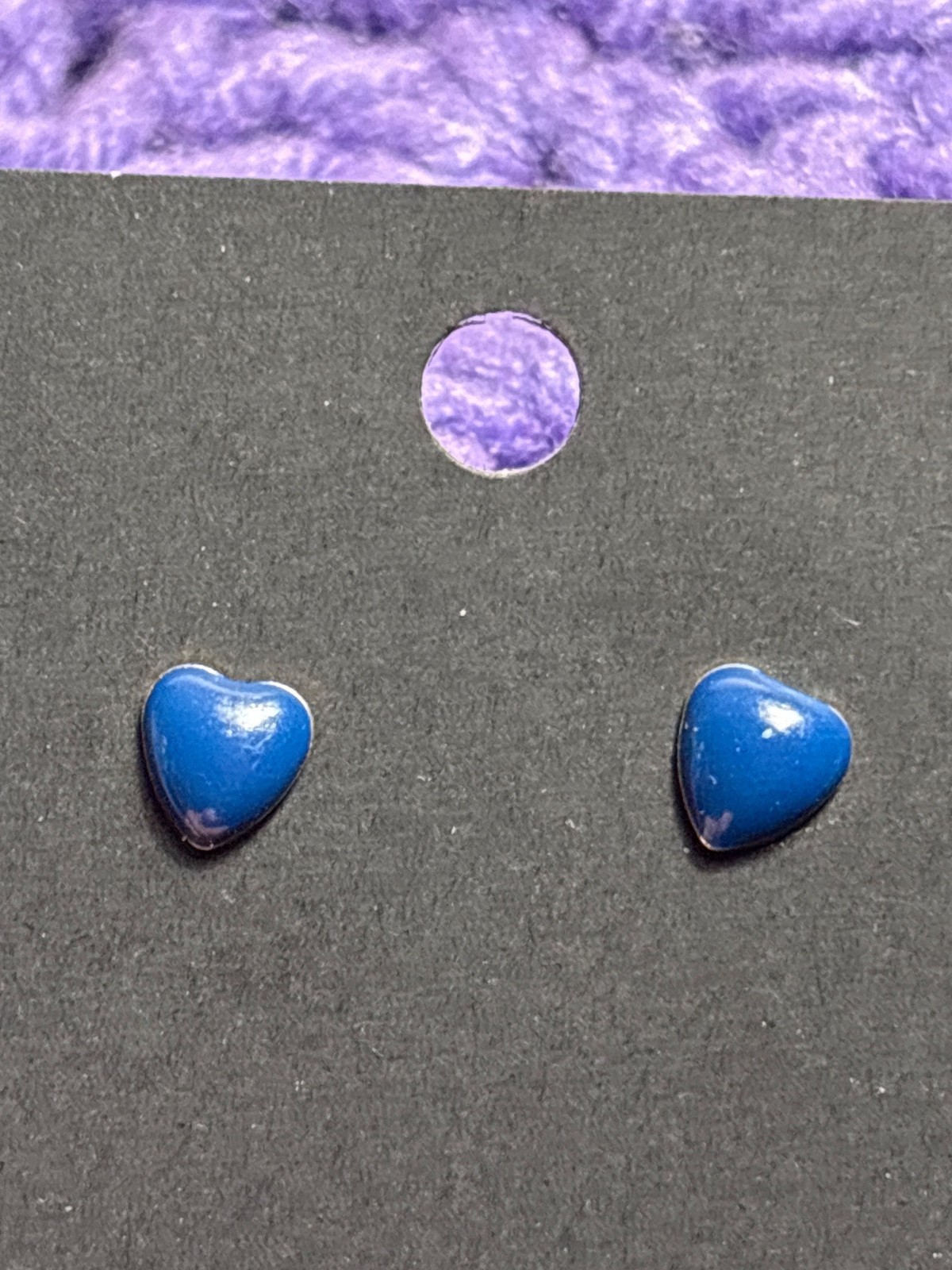 Vintage Blue Enamel Heart Stud Earrings 0.25 inch