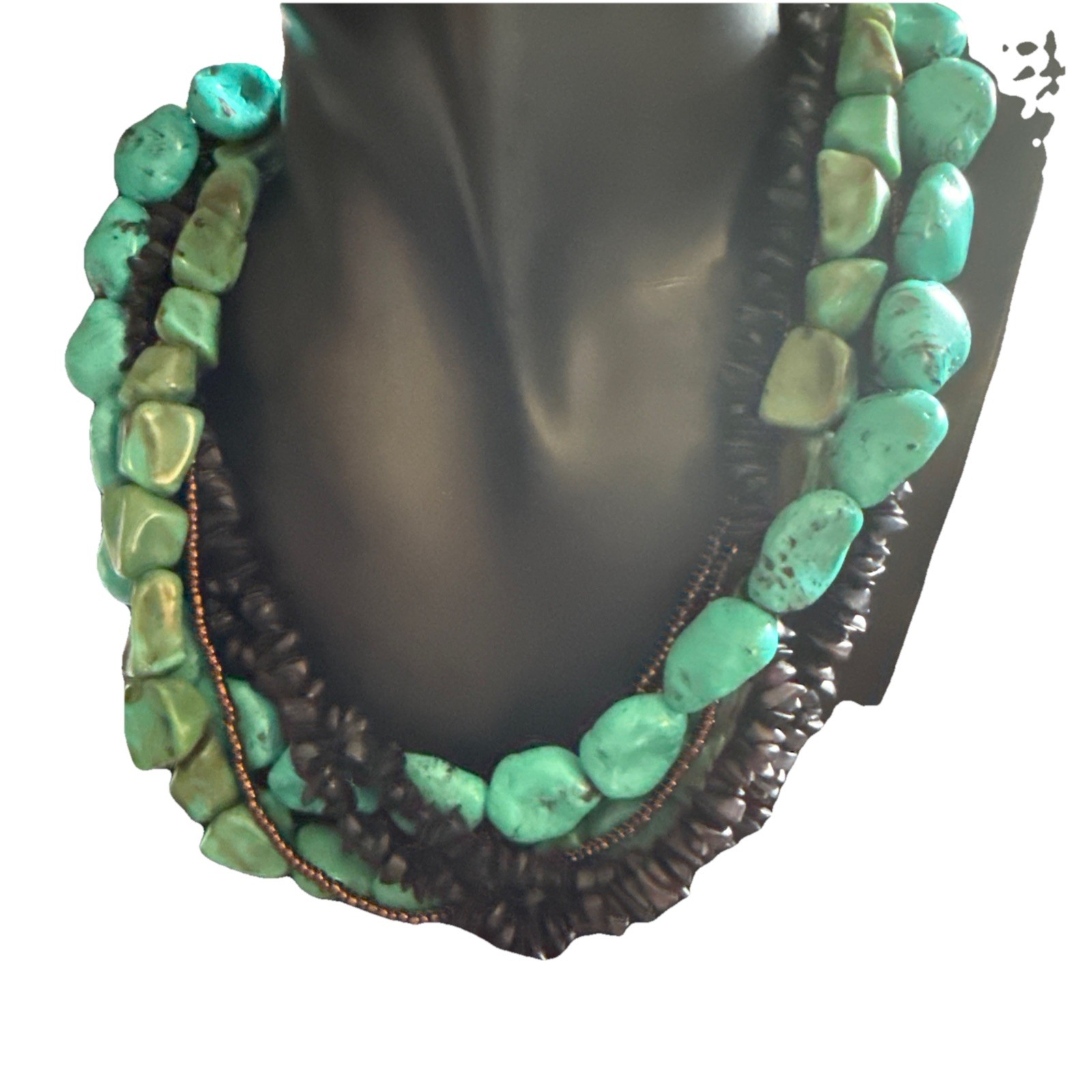 Turquoise Vintage4 Strand Multi strand Turquoise, Obisdian, And Bronze Necklace.