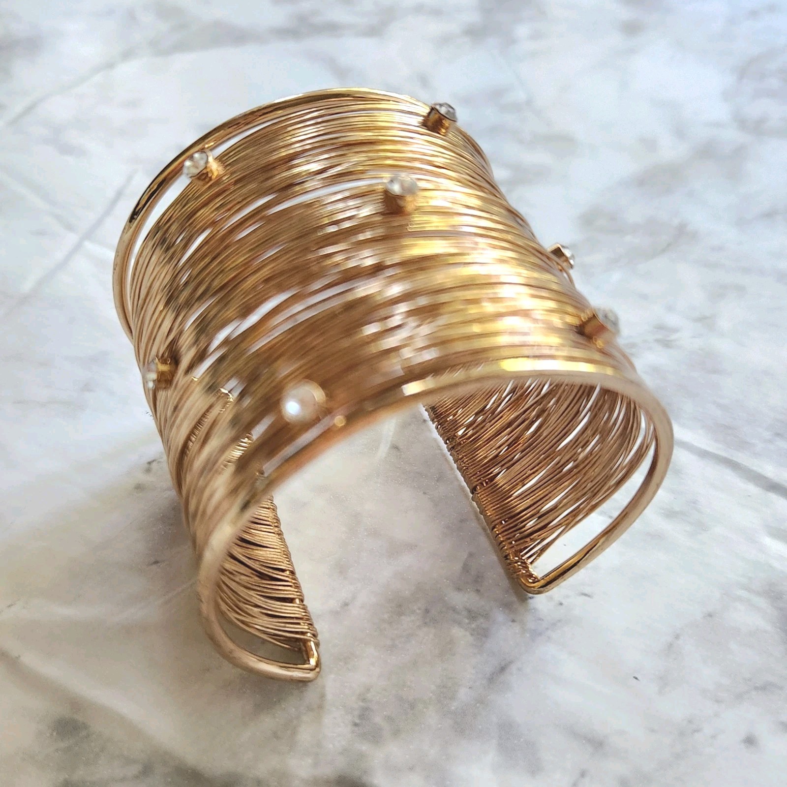 Wide Cuff Multi Strand Wire Bracelet With Rhinestone Gold Tone Embellished