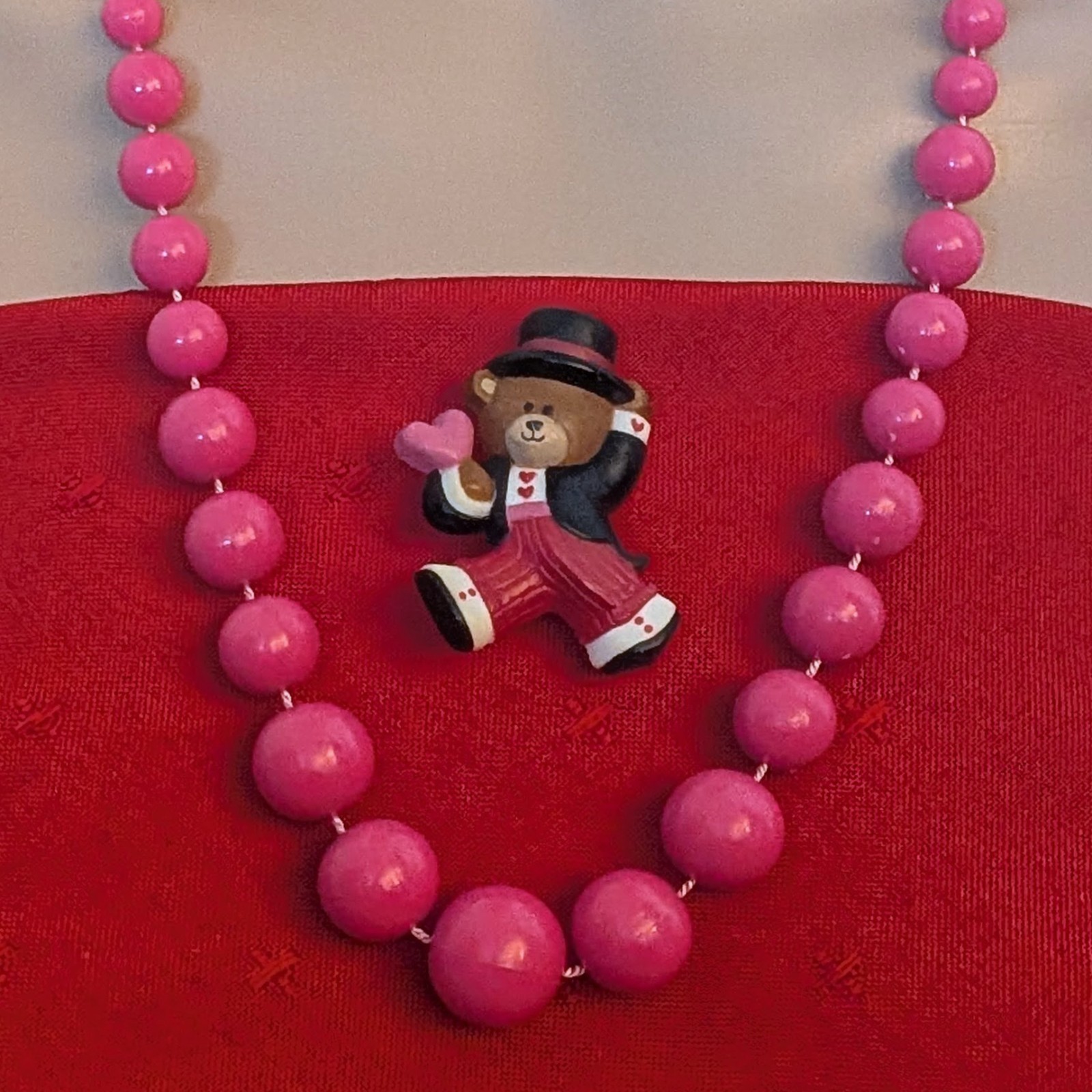 1986 Hallmark Bear Heart Pin + Pink Beaded Necklace Valentine Day Jewelry Bundle