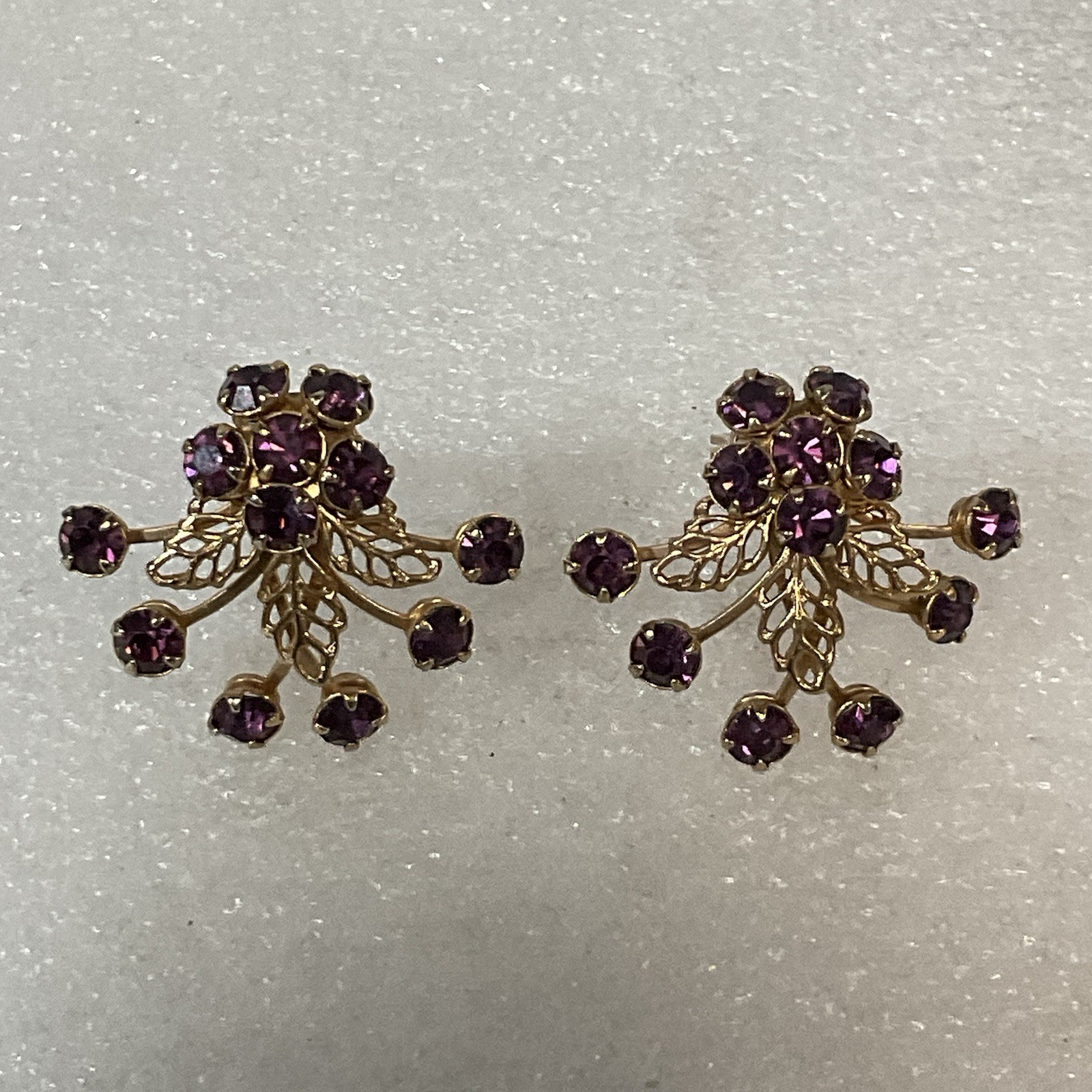 Vintage Purple Rhinestone Floral Cluster Clip-On Earrings Gold Tone