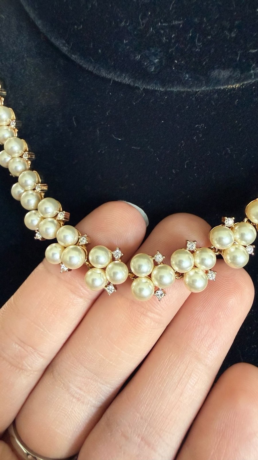 Vintage Gold Tone Floral Cluster Faux Pearl and Rhinestone Choker Necklace