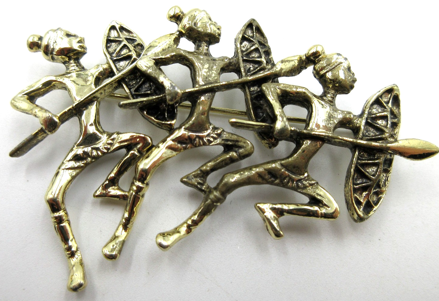 VTG big RARE OLD UNUSUAL PEOPLE WARRIOR WEAPON SHIELD black gold tone Brooch Pin