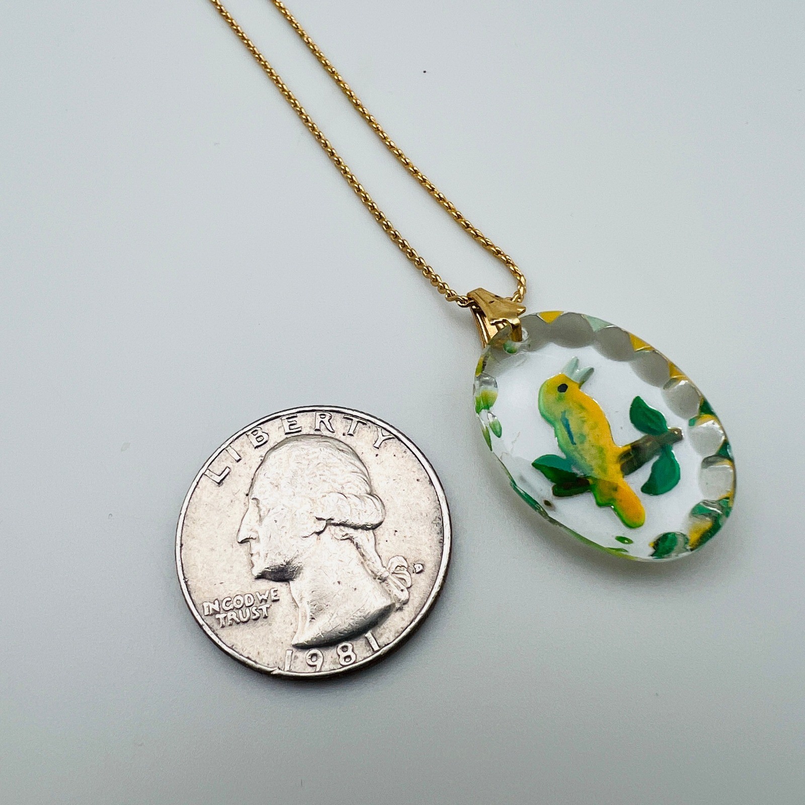 Vintage Glass Bird Pendant Hand Painted Acrylic Necklace Gold Tone Yellow Green
