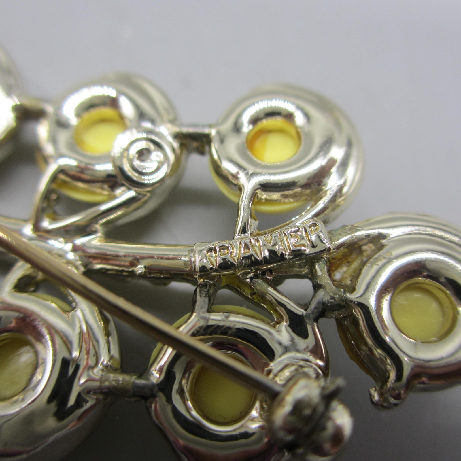 Vintage Kramer Brooch Enamel AB Rhinestone Yellow MCM
