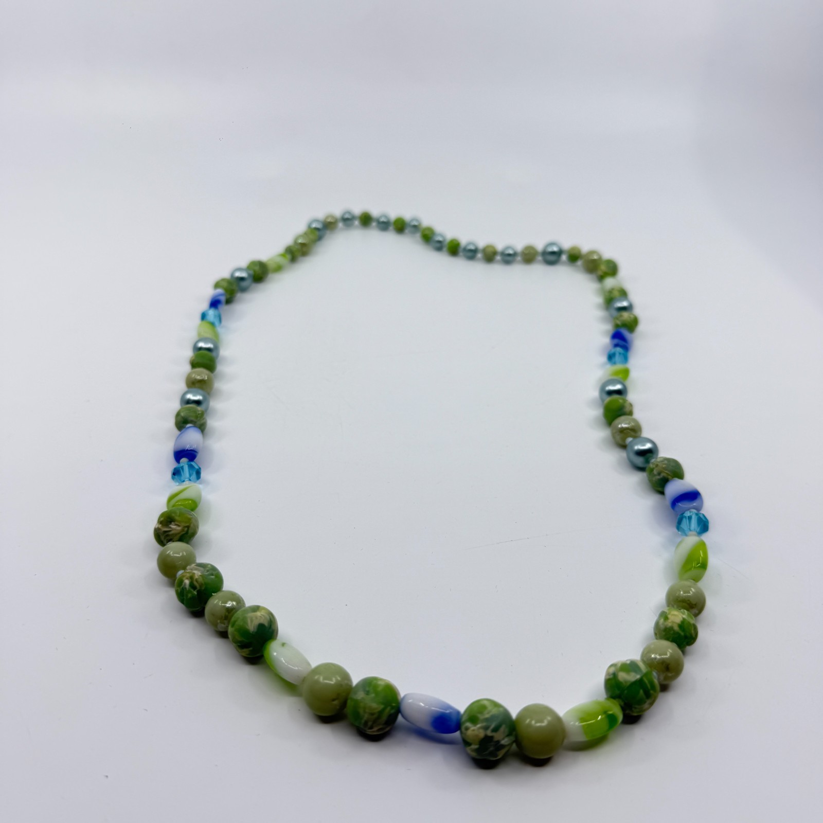 Green & Blue Bead Statement Necklace Boho Layering Jewelry Unique Beachy Gift