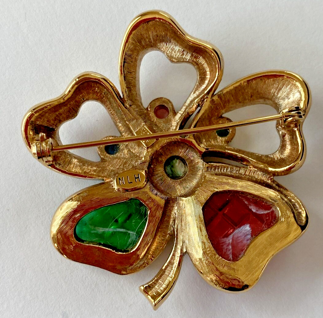 Vintage NLH NAT LANDAU HYMAN Gold Tone Crystal Rhinestone Flower Clover Brooch