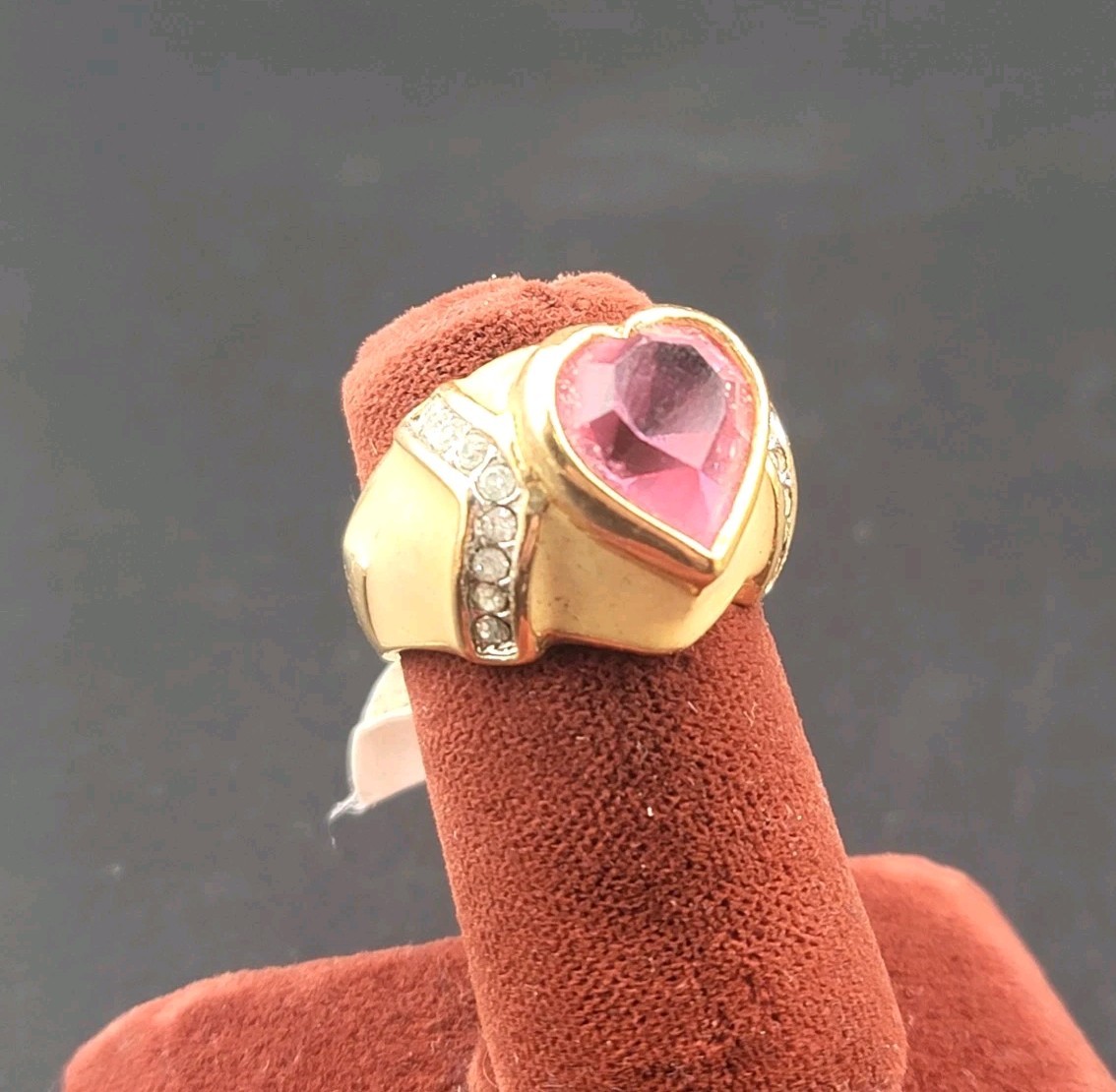 Vtg Sz 5.5 Ring Esposito ESPO 14KGE Pink Heart Rhinestone Enamel Fashion Jewelry