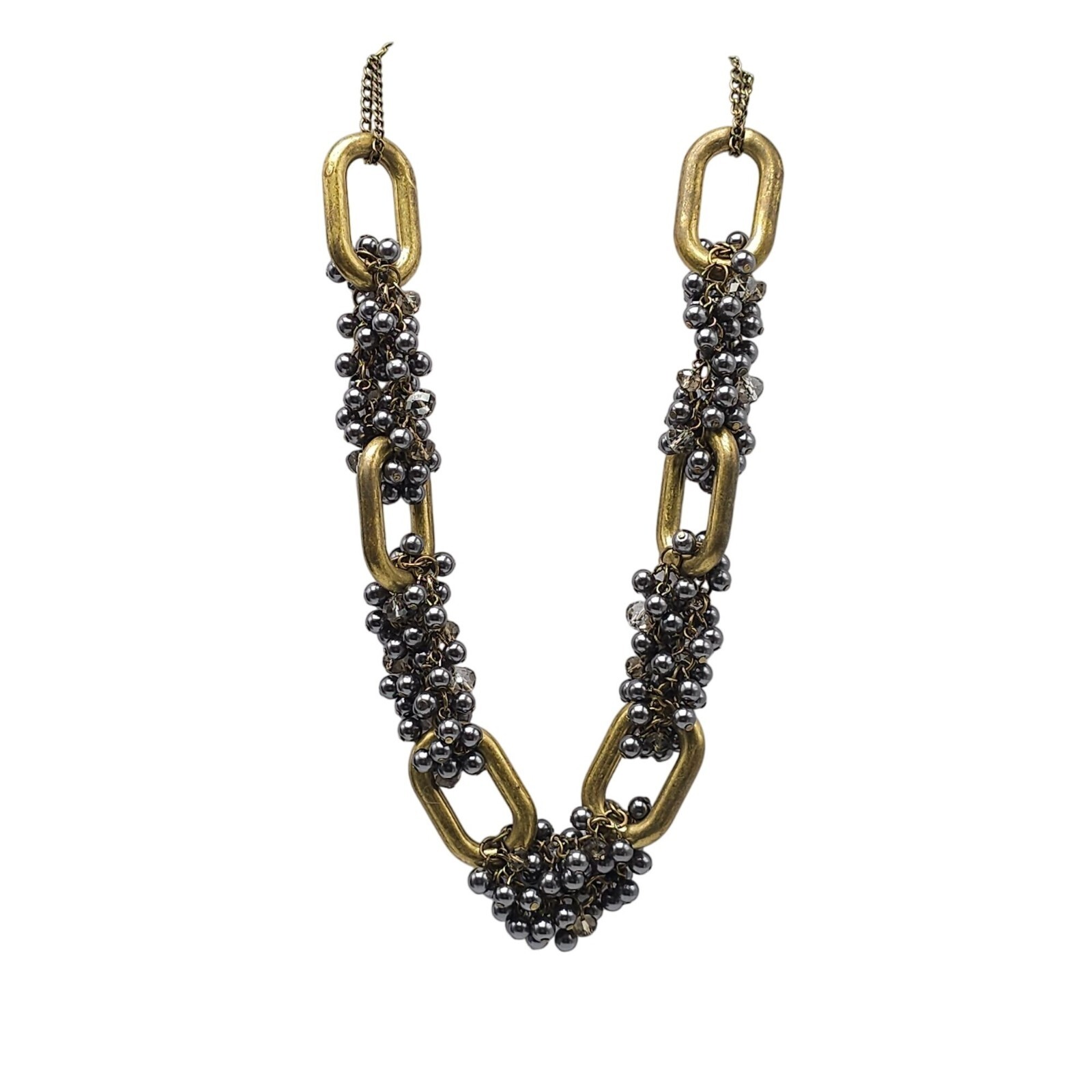 Signed Chunky Brass Gray Beaded Statement Necklace With Oversized Links