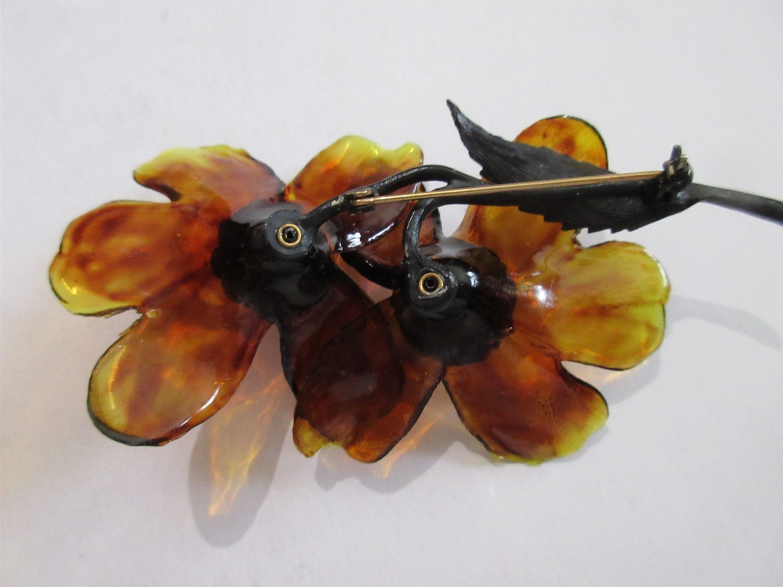 VINTAGE Amber Orchid Flower pin brooch cellulose acetate