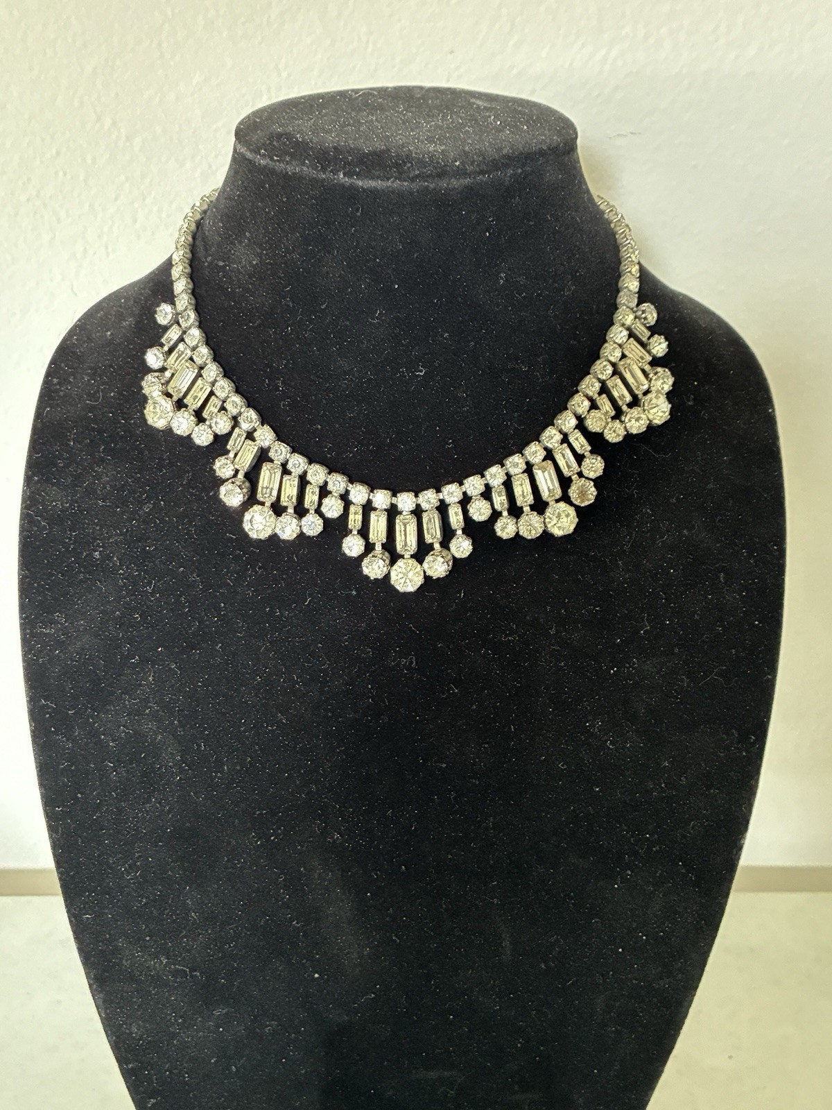 Vintage Kramer Set Of Rhinestone Icicle Bib Necklace with Matching Clip Earrings