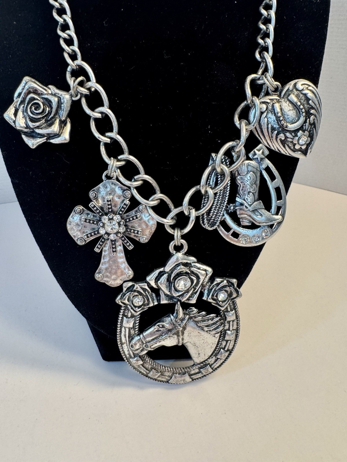 Chunky Horse Cross Rose Boot Charm Necklace Silver Tone Adjustable Length