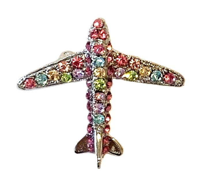 PLANE BROOCH! Signed Figural Pin!Rainbow Multi-Color Crystal Plane!Silver Plated
