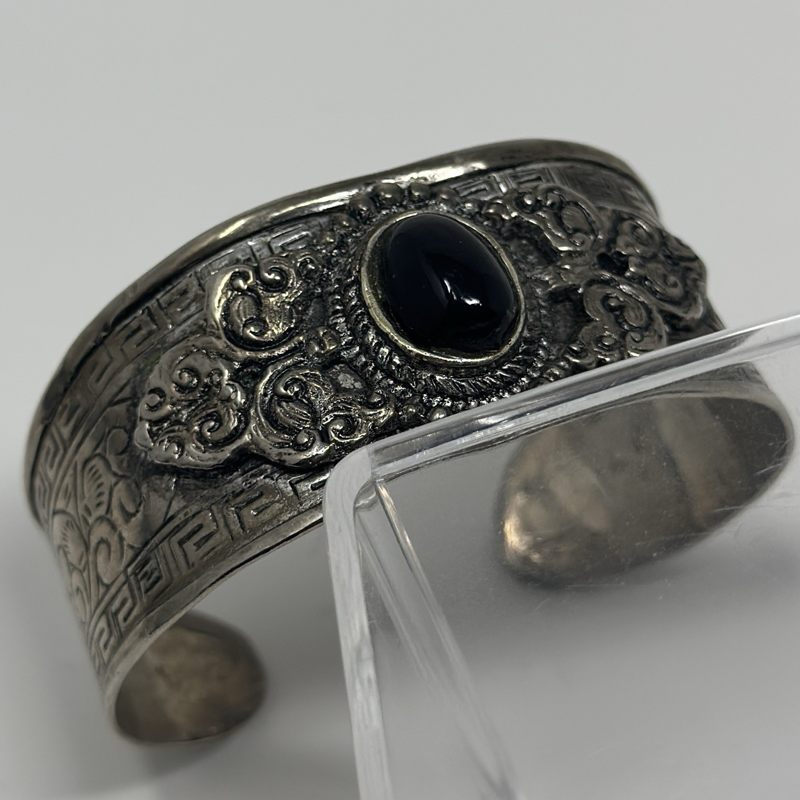 Vintage Silver Tone Nickel Silver Black Onyx Cabochon Wide Open Cuff Bracelet