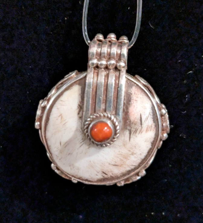 Vintage Tibetan Sterling 925 Silver Pendant w/ Shell & Red Coral-33 mm