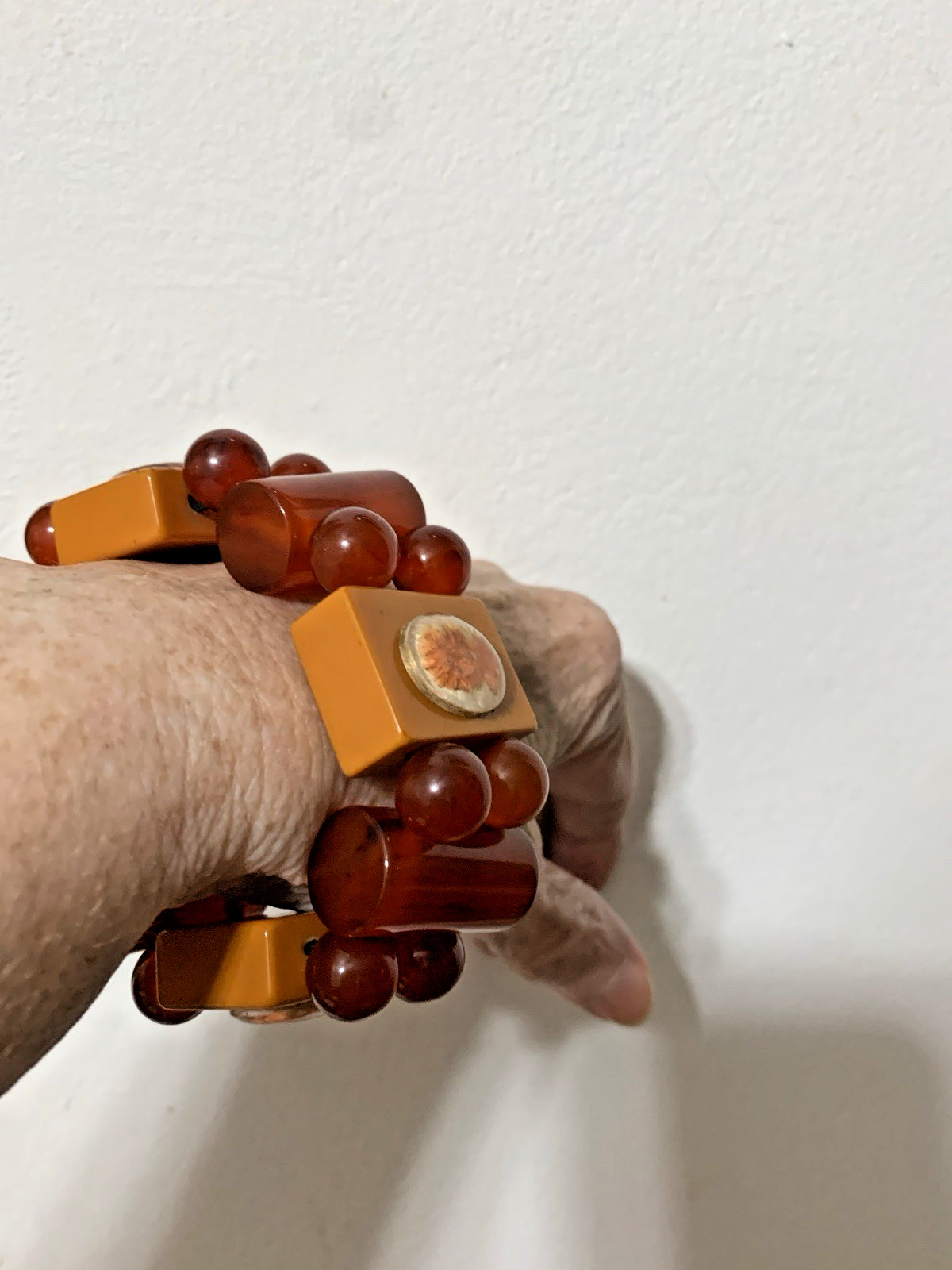 Chunkey Bakelite Stretch Bracelet, Marblebeads,Butter Scotch,Cherry Amber Color