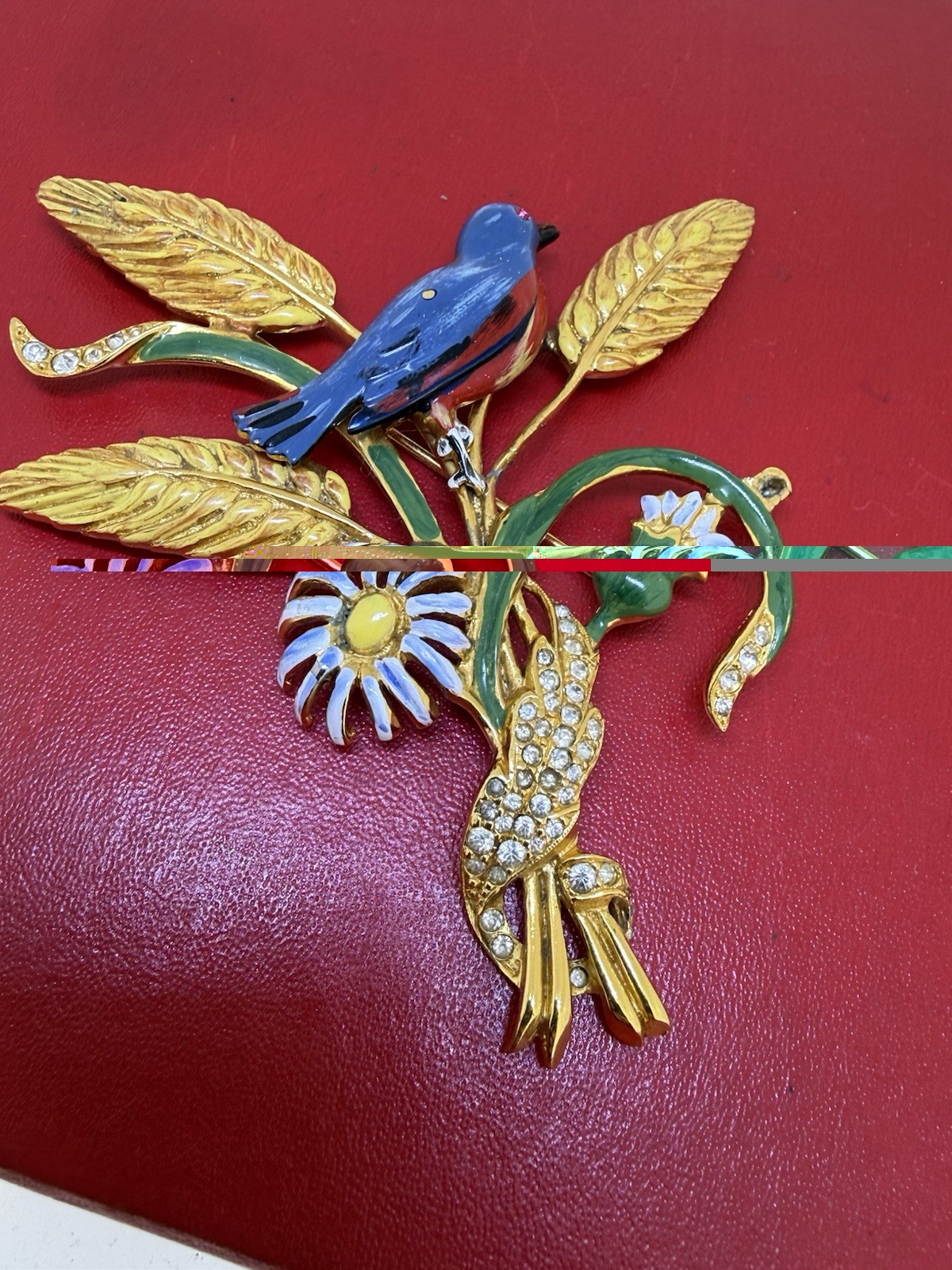 1940’s Enamel Bird Flowers Gold Tone Brooch 3”