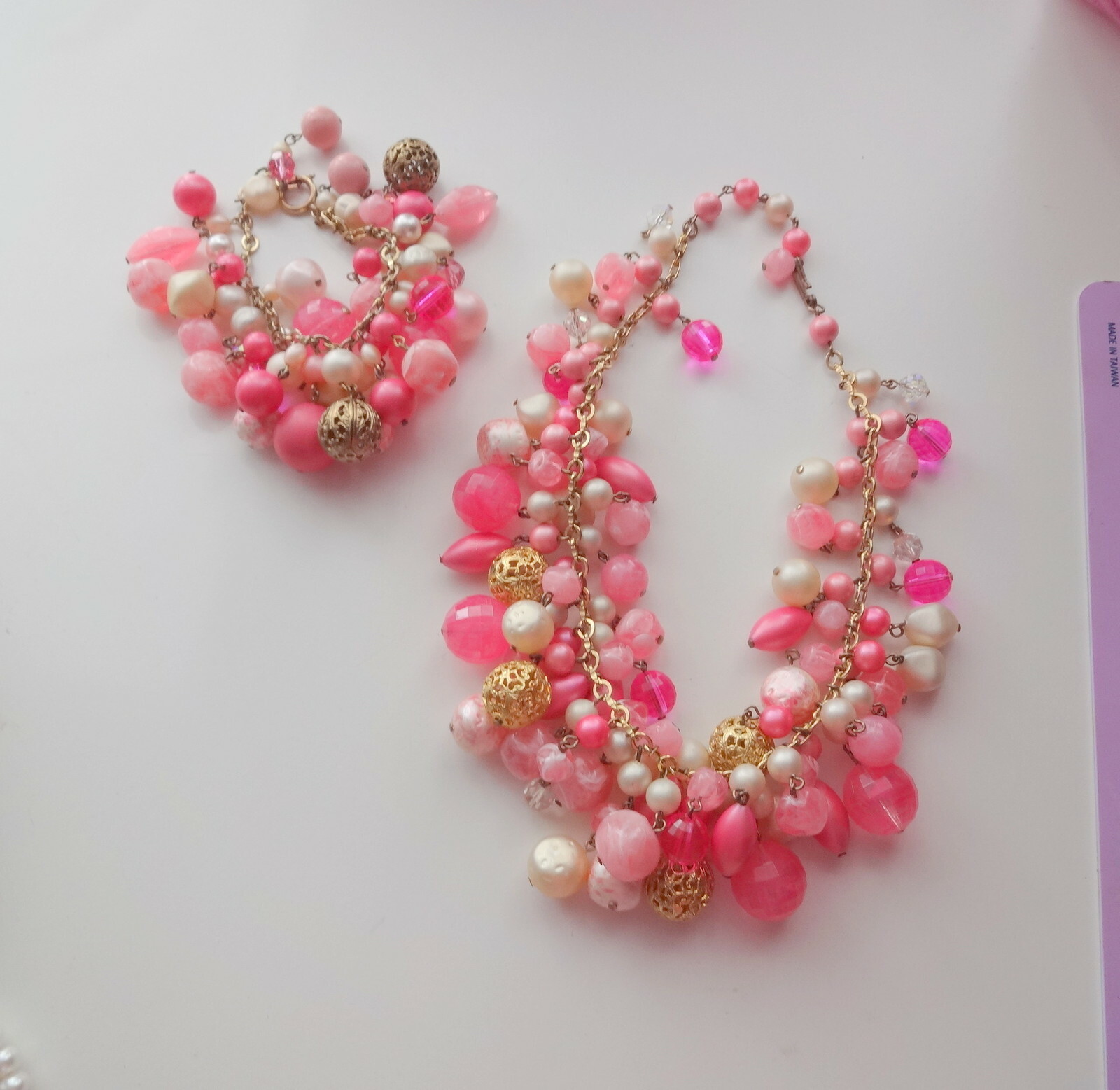 Vtg Retro Charms Beads Pink Pearls Bracelet Necklace Unusual Set