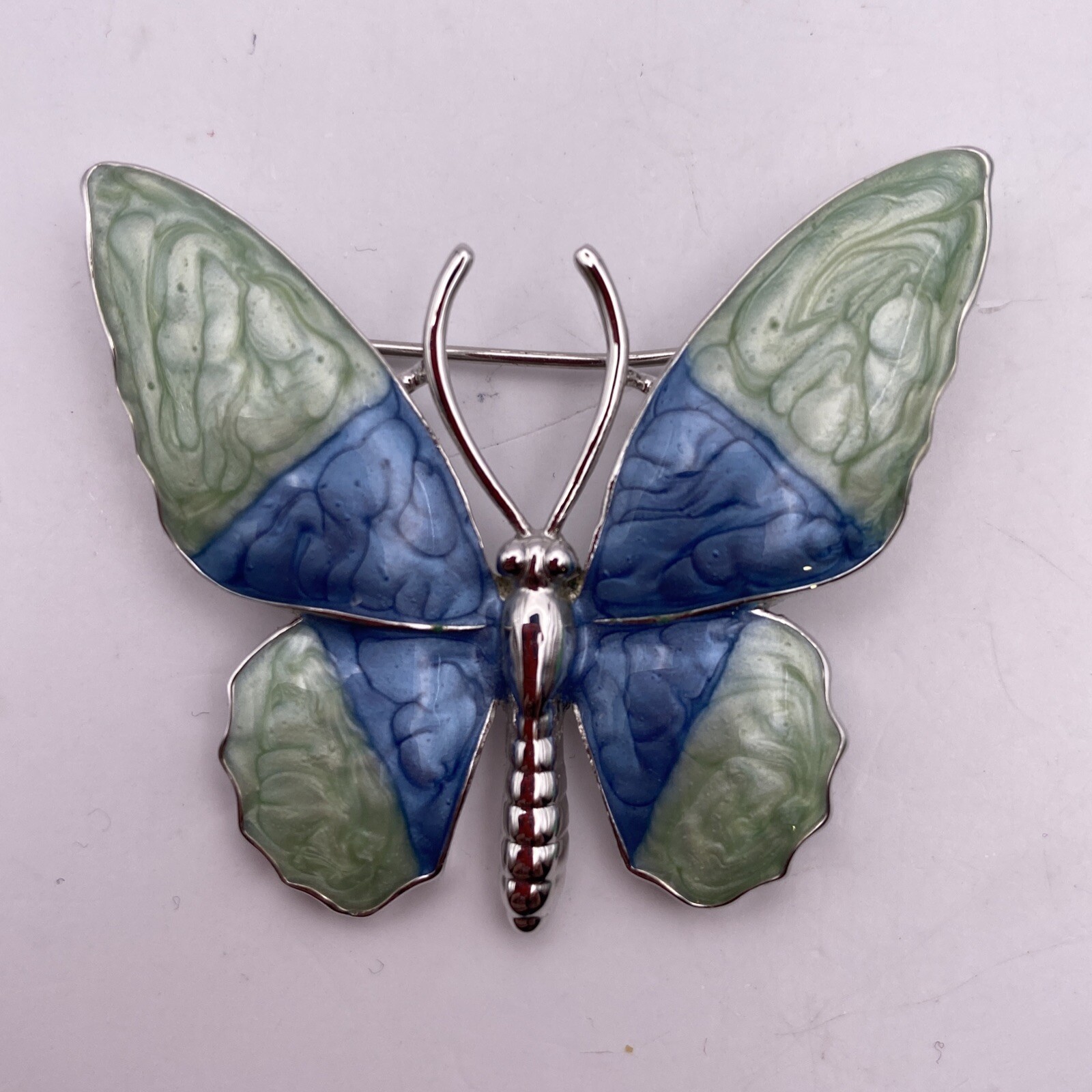 Butterfly Pin Brooch Silver Tone Green & Blue Enamel Jewelry No Brand B9C