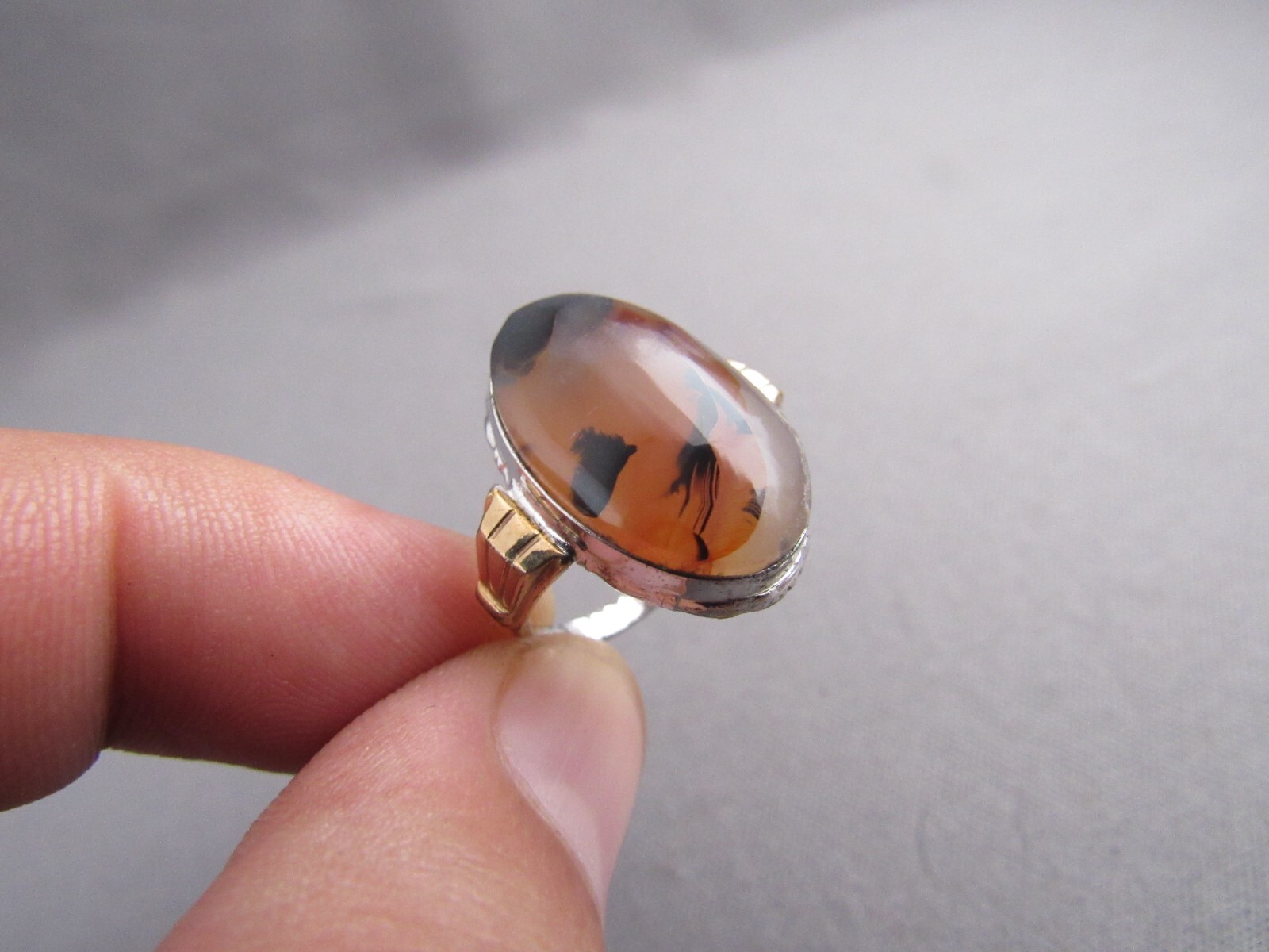 VINTAGE STERLING 10K GF CLARK & COOMBS OVAL CABOCHON PICTURE AGATE RING
