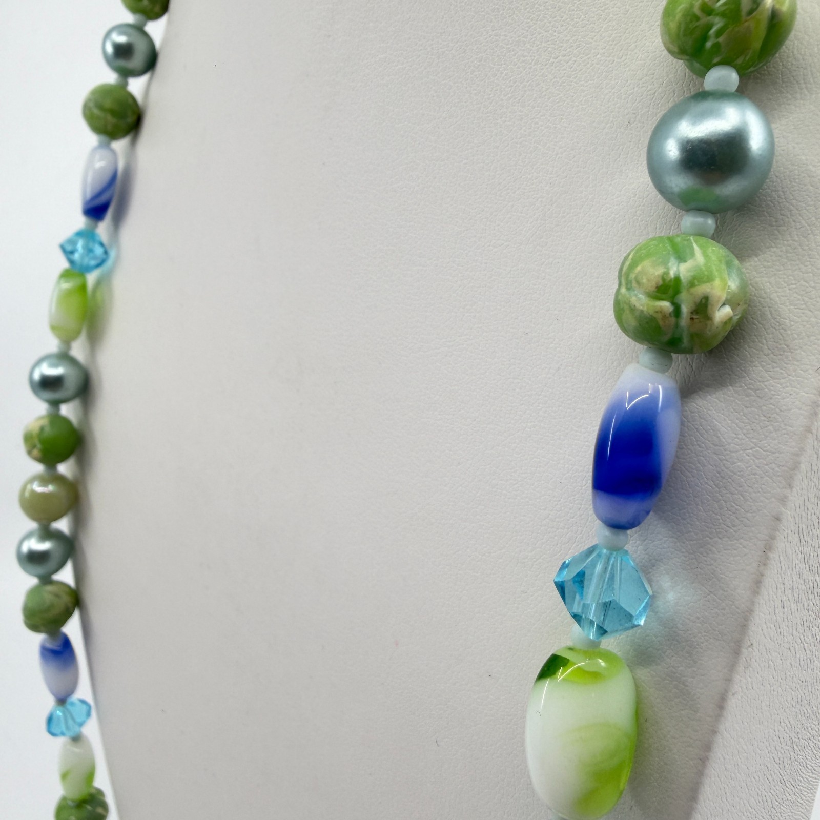 Green & Blue Bead Statement Necklace Boho Layering Jewelry Unique Beachy Gift