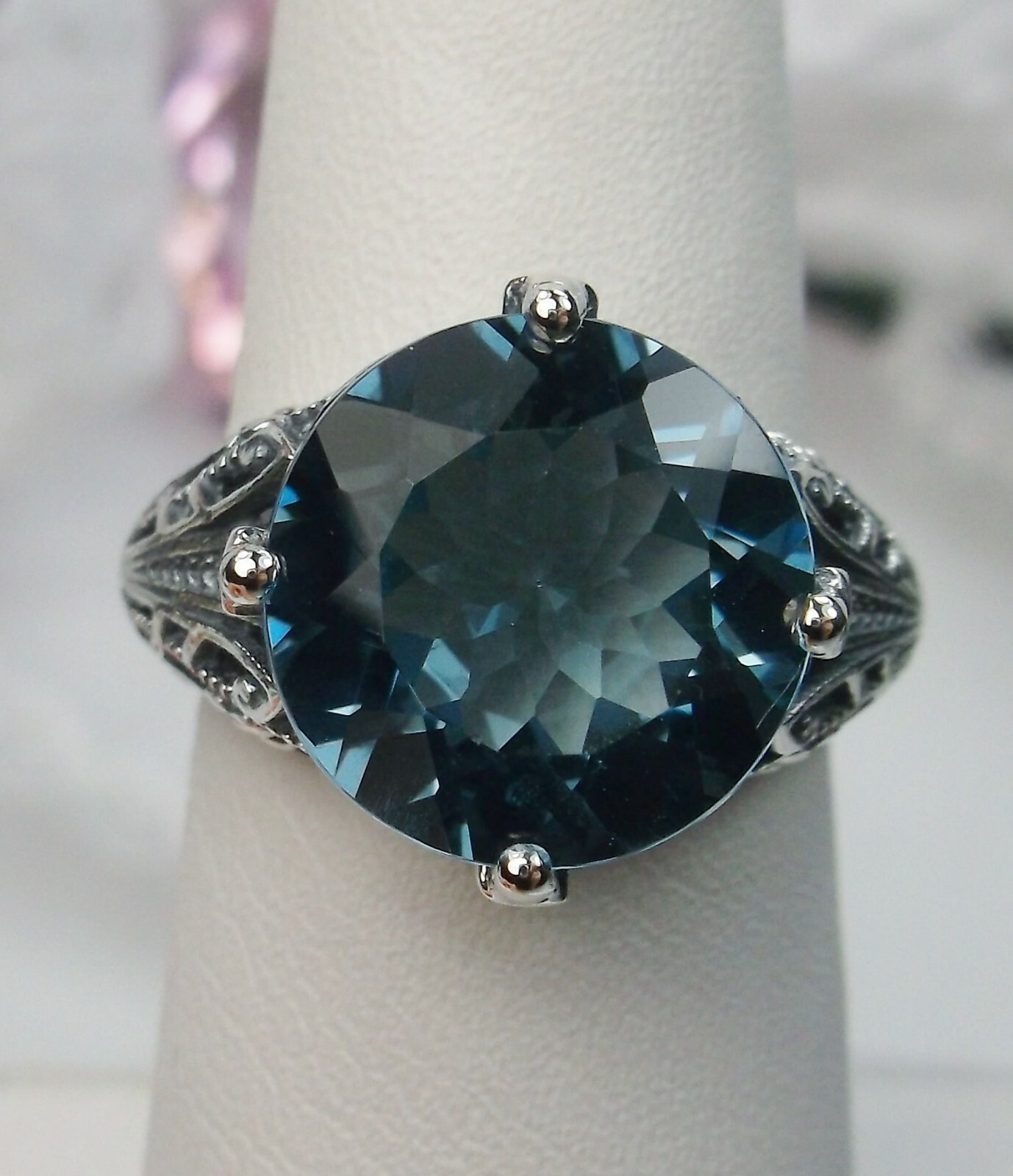 NATURAL London Blue Topaz Sterling Silver Filigree Ring Made To Order D#54