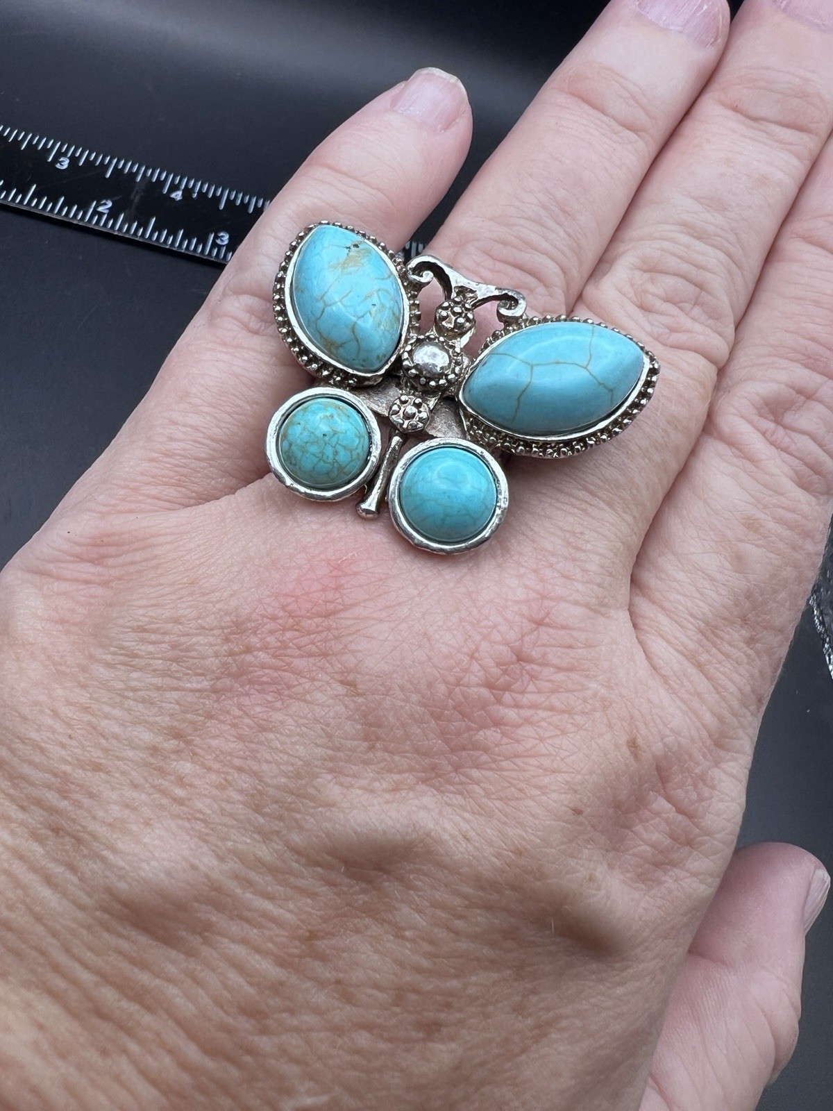 Vintage Butterfly Statement Ring Blue Cabochons Silver Tone Size 6.5