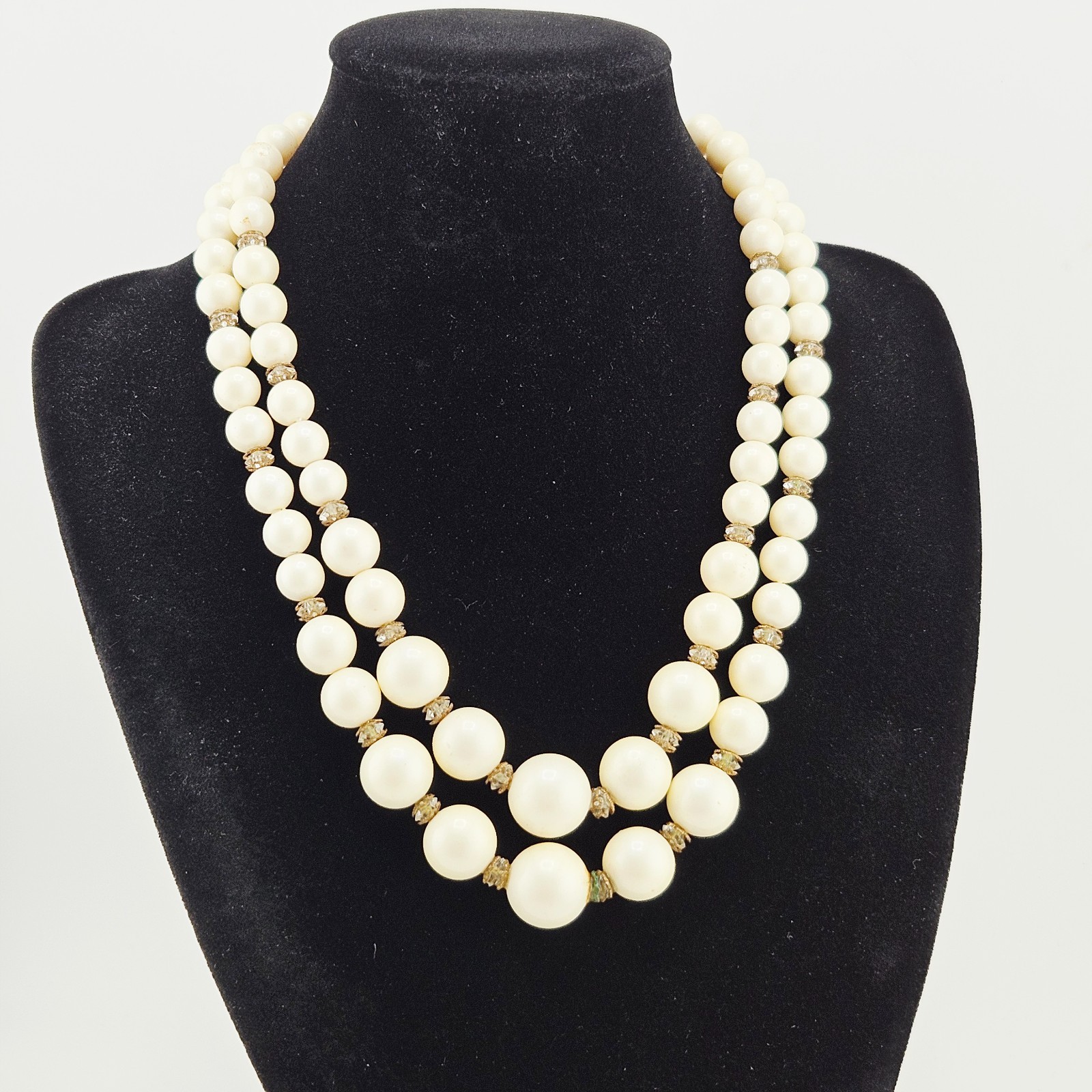 Vintage Double Strand Faux Pearl Necklace Adjustable Hook Clasp 1950s