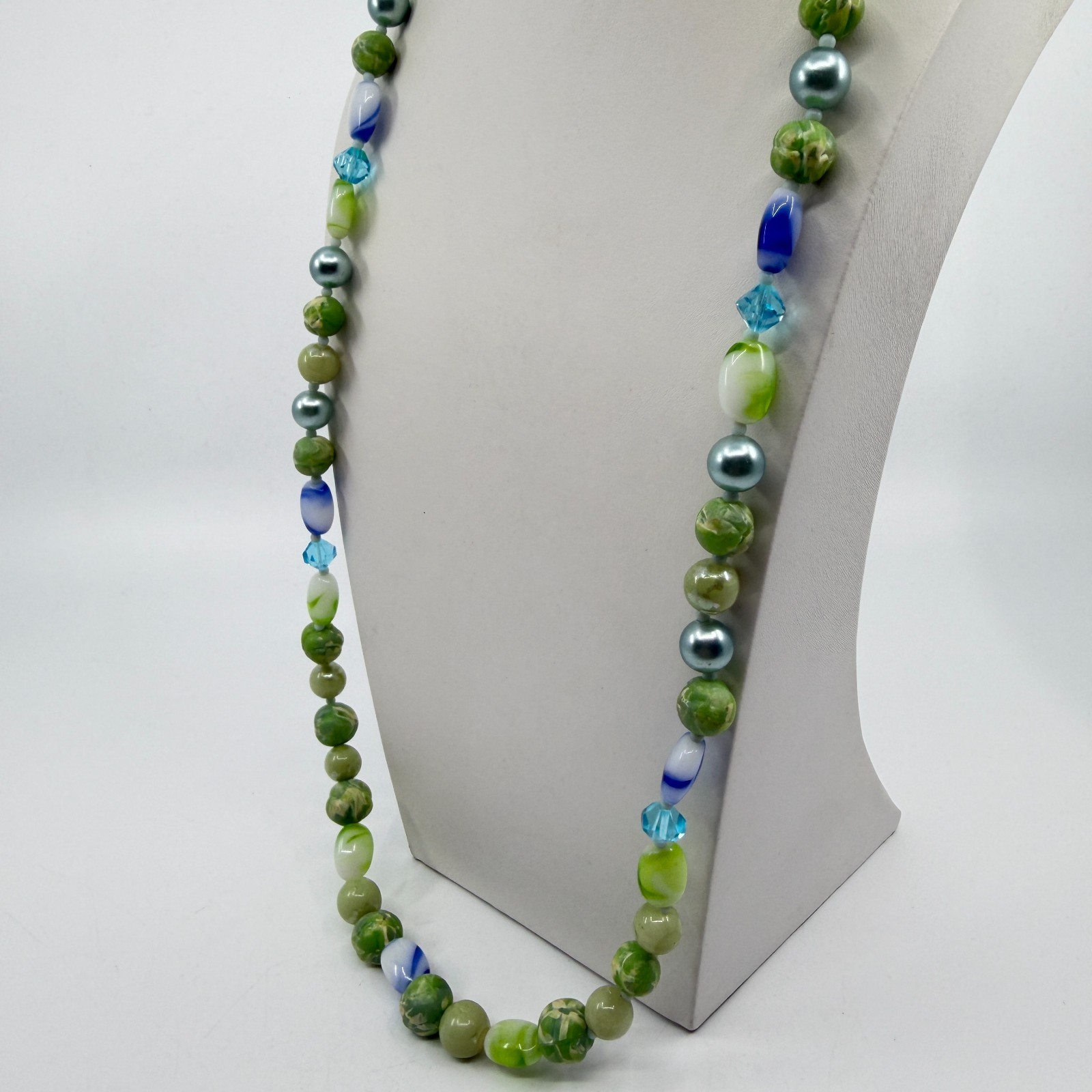 Green & Blue Bead Statement Necklace Boho Layering Jewelry Unique Beachy Gift