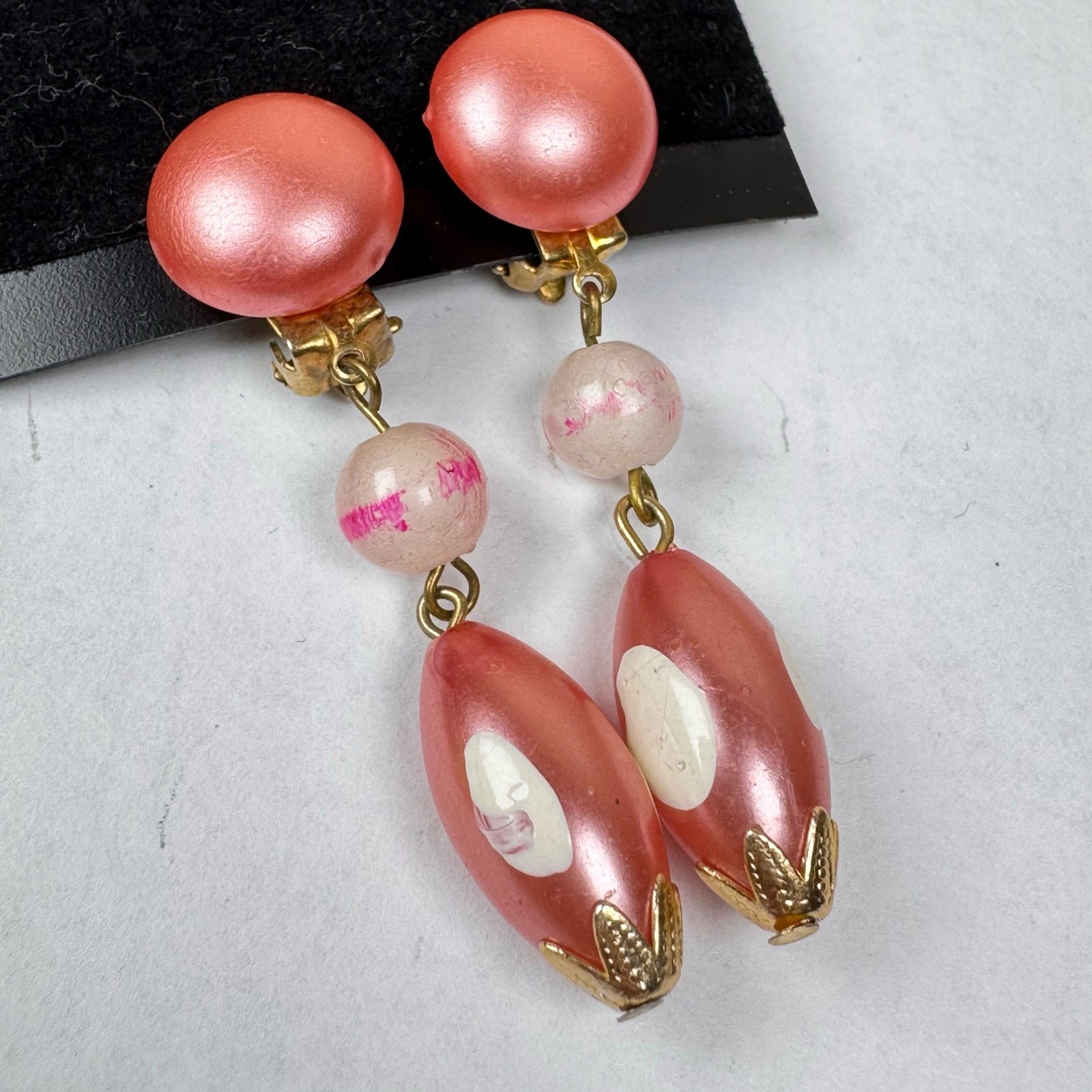 VTG Lucite Clip On Earrings Drop Dangle Hong Kong Japan Yellow Pink *set of 2*