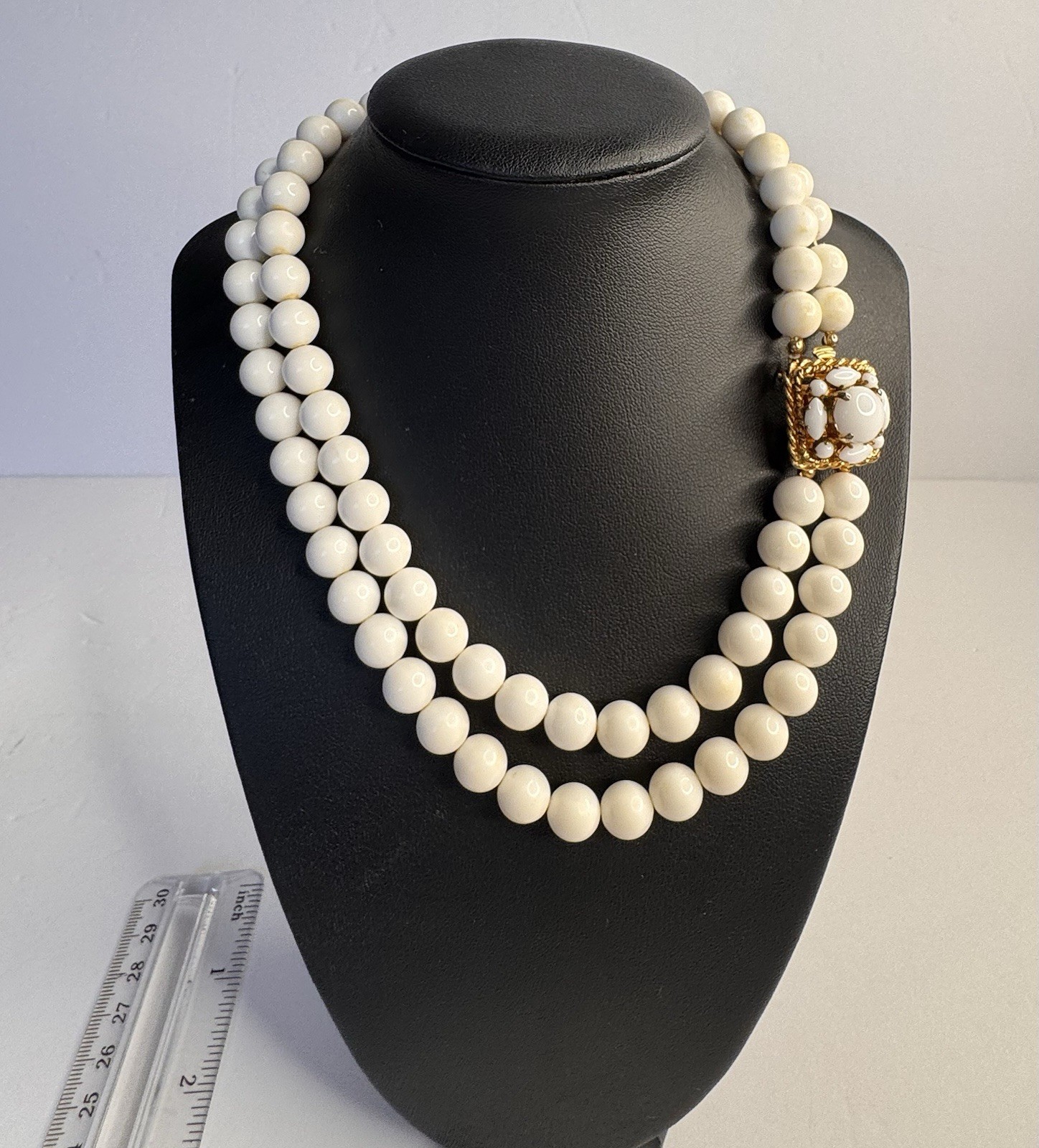 Vintage Signed 1967 Christian Dior Necklace 2 Strand White Glass Beads Signed